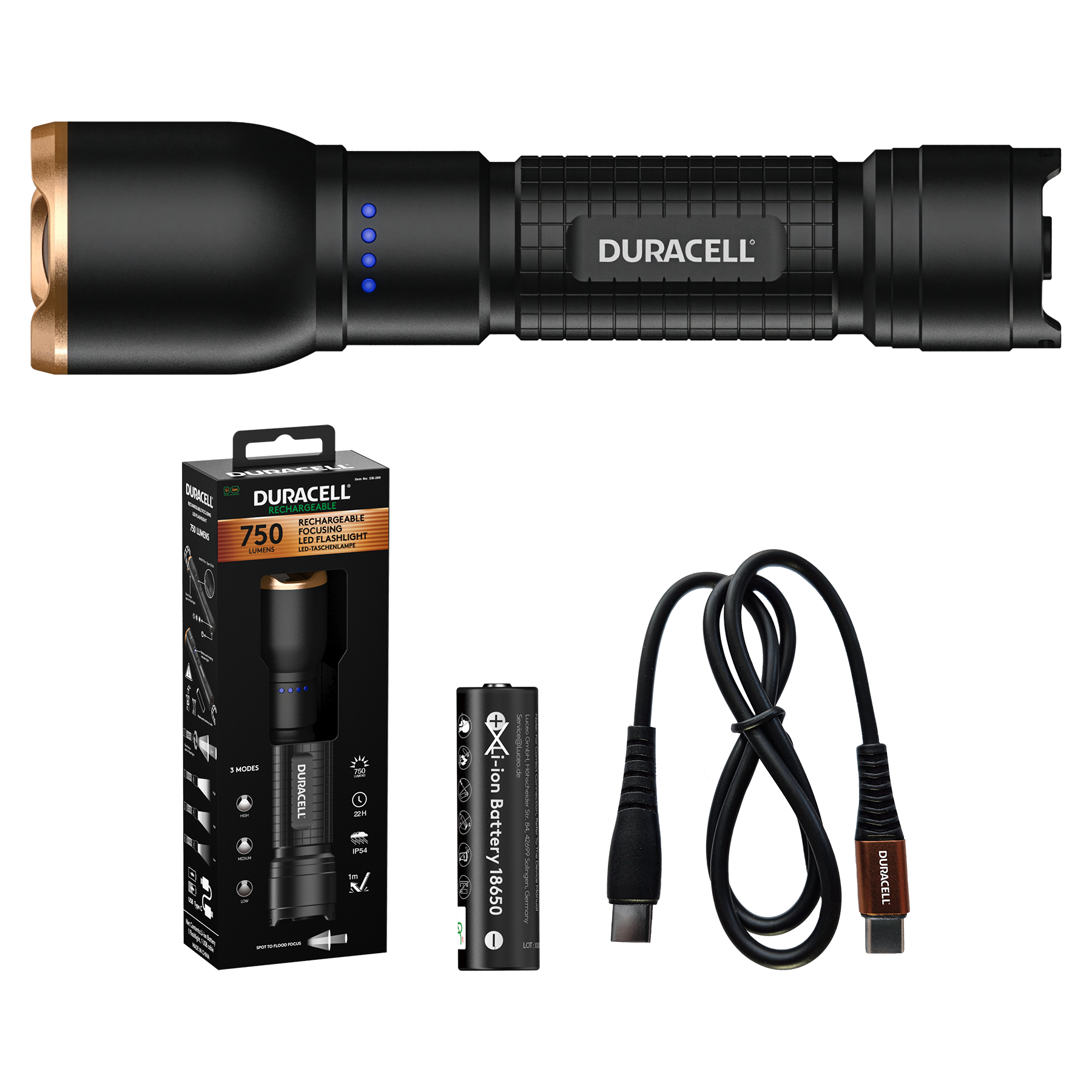 Ein schwarzer Duracell LED-Falt-Scheinwerfer mit Zubehör: Batterie, Kabel, Verpackung.