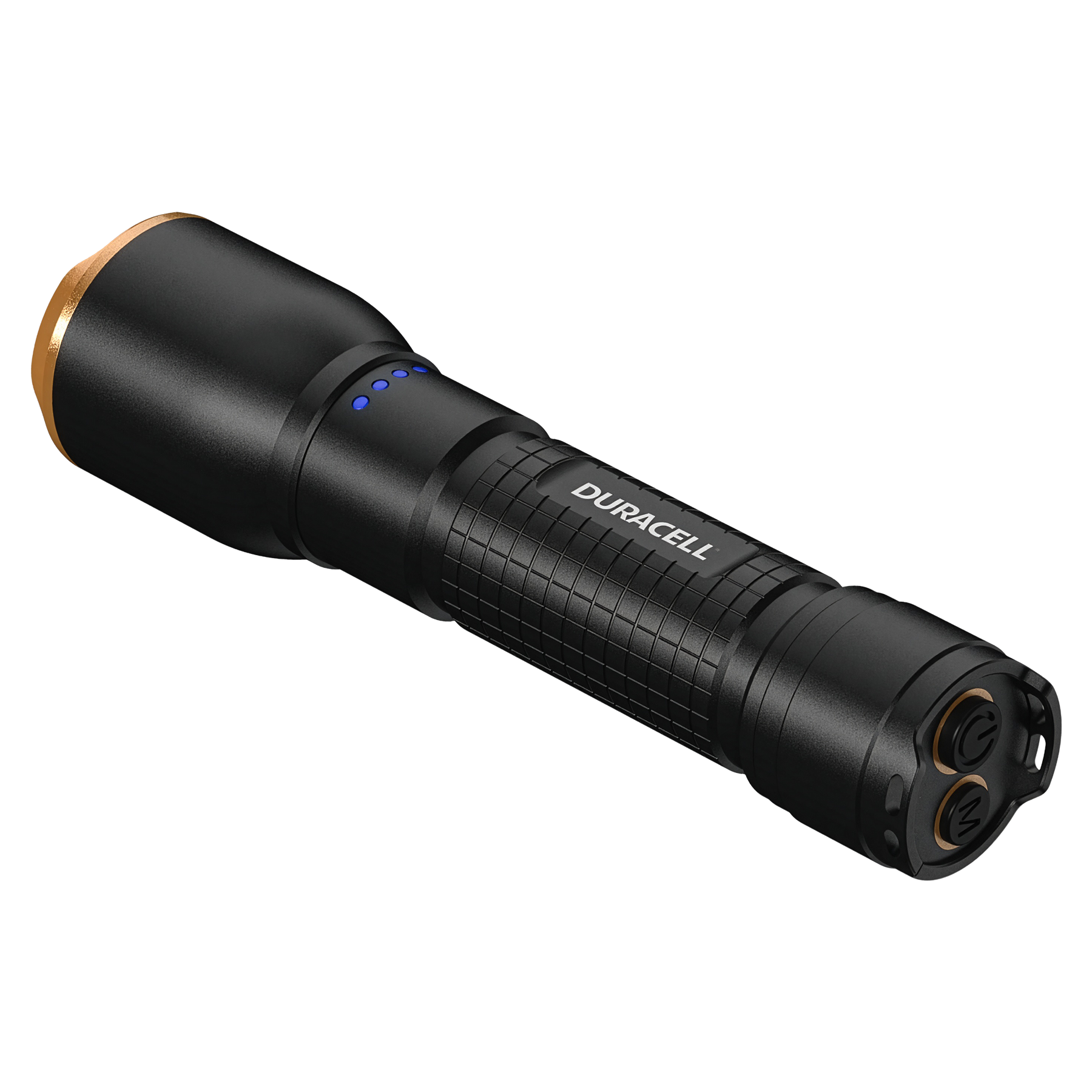 Schwarze Duracell-Taschenlampe mit goldenem Ring und blauen Ladeanzeigen.