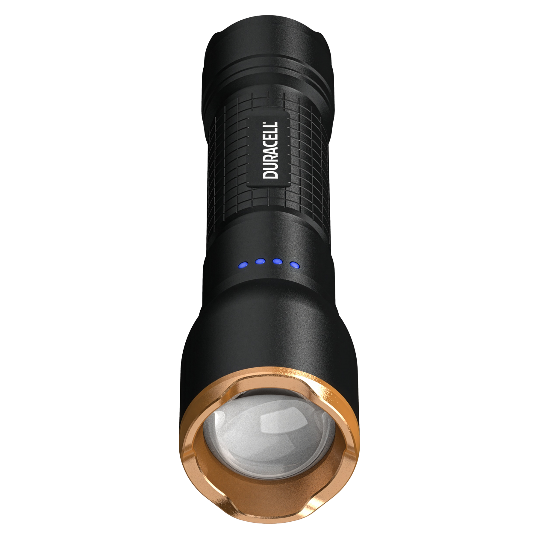 Schwarze Duracell-Taschenlampe mit goldenem Ring und blauen Ladeanzeigen.