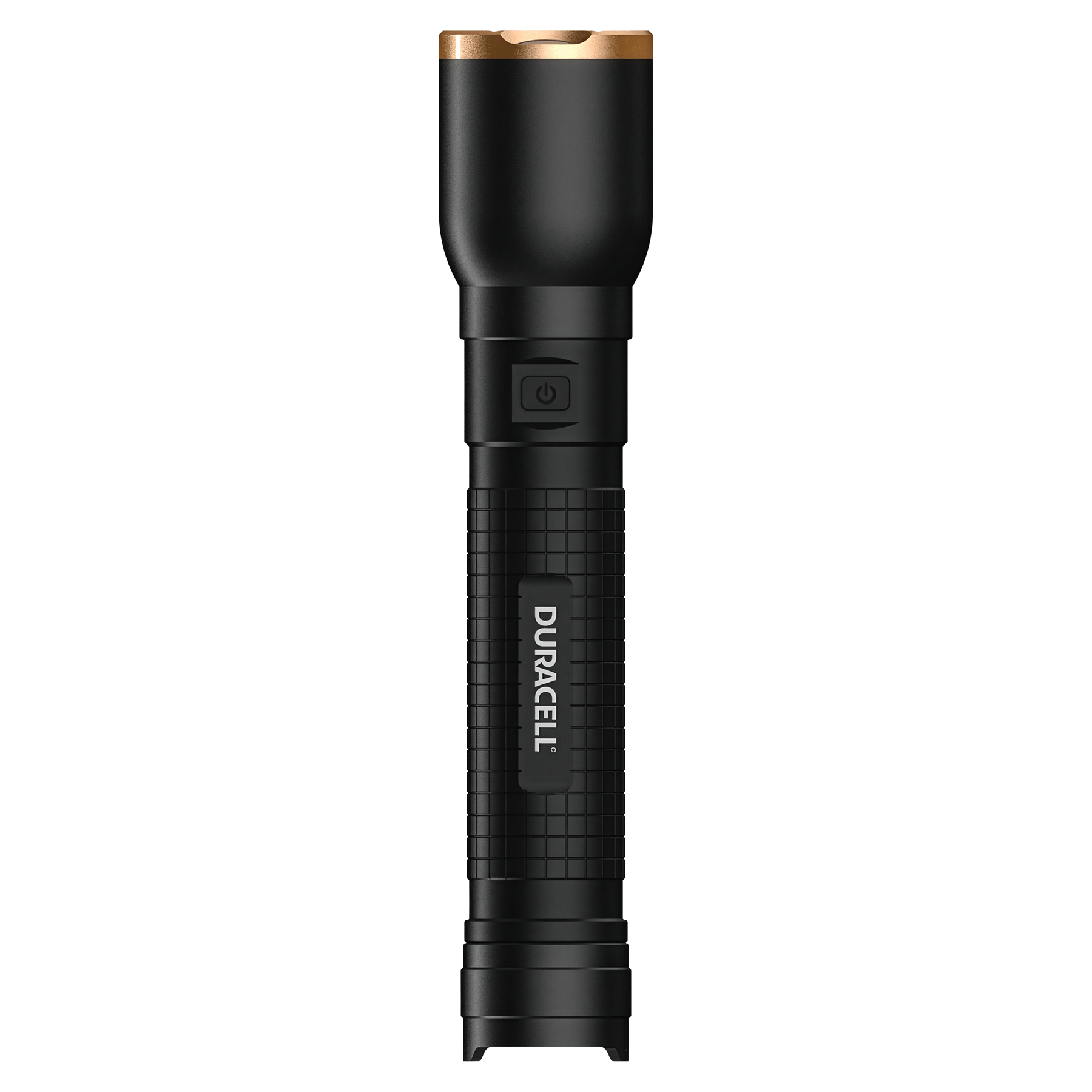 Schwarze Duracell-Taschenlampe mit einem goldenen Ring oben und einem Einschaltknopf.