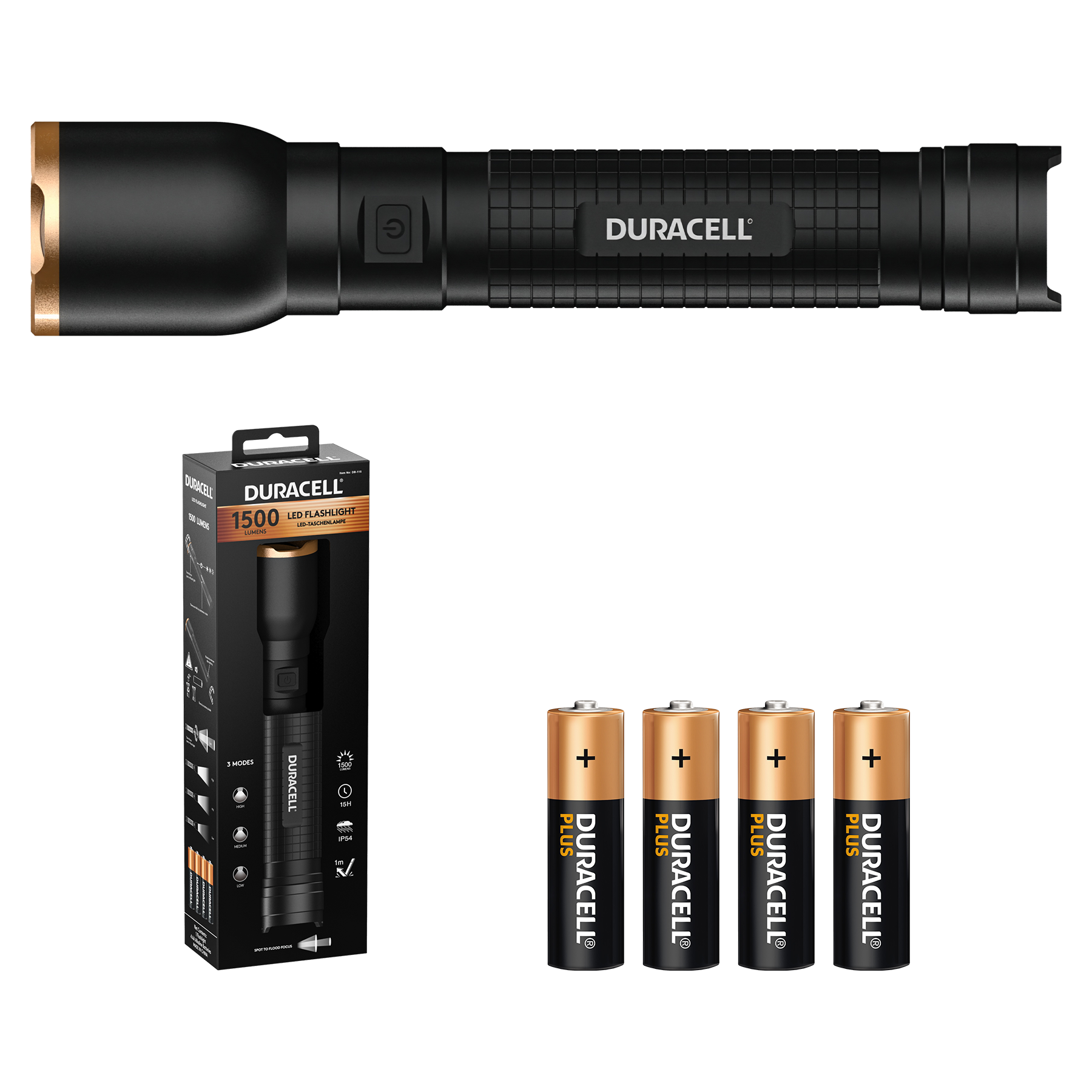 Schwarze Duracell LED-Taschenlampe mit goldener Spitze und vier Batterien.