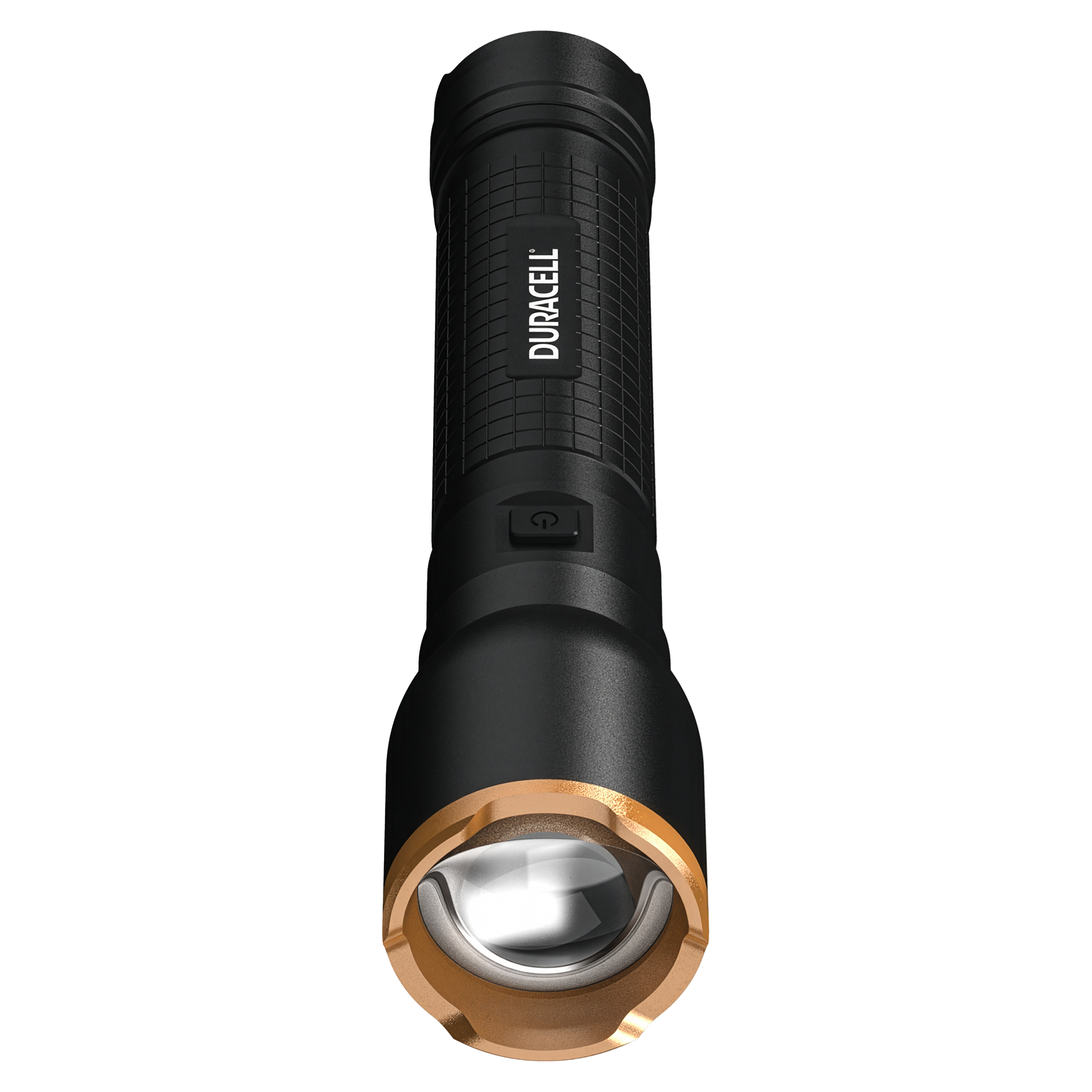 Schwarze Duracell Taschenlampe mit goldenem Ring und silbernem Reflektor.