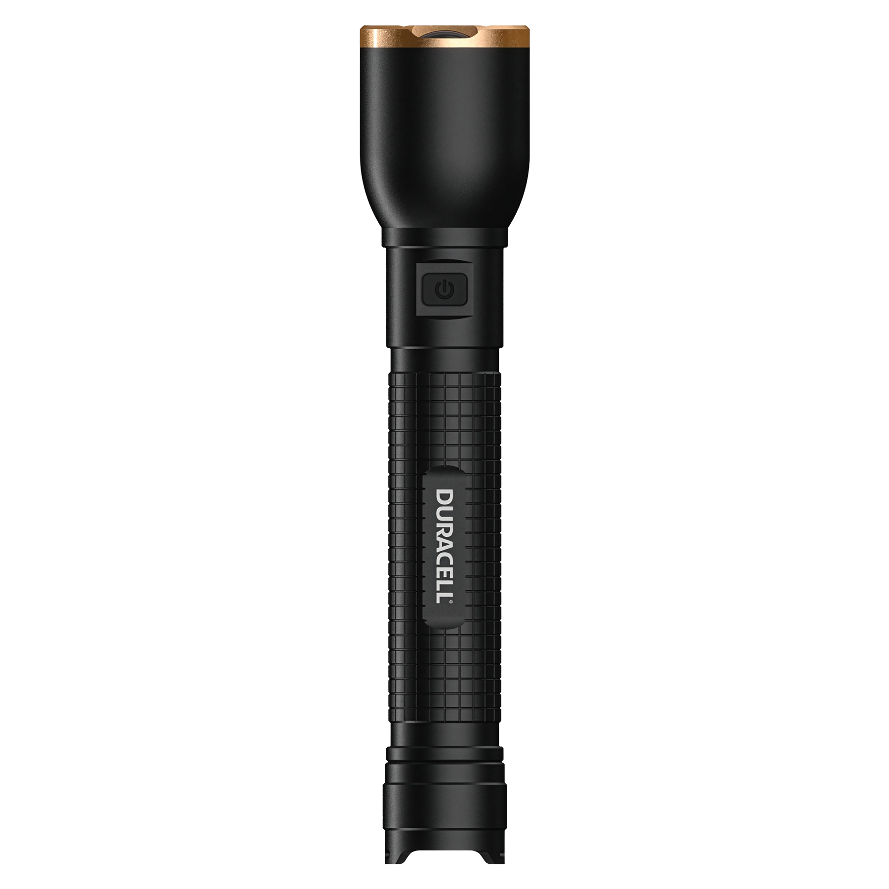 Schwarze Duracell Taschenlampe mit goldenem Ring und Power-Knopf.