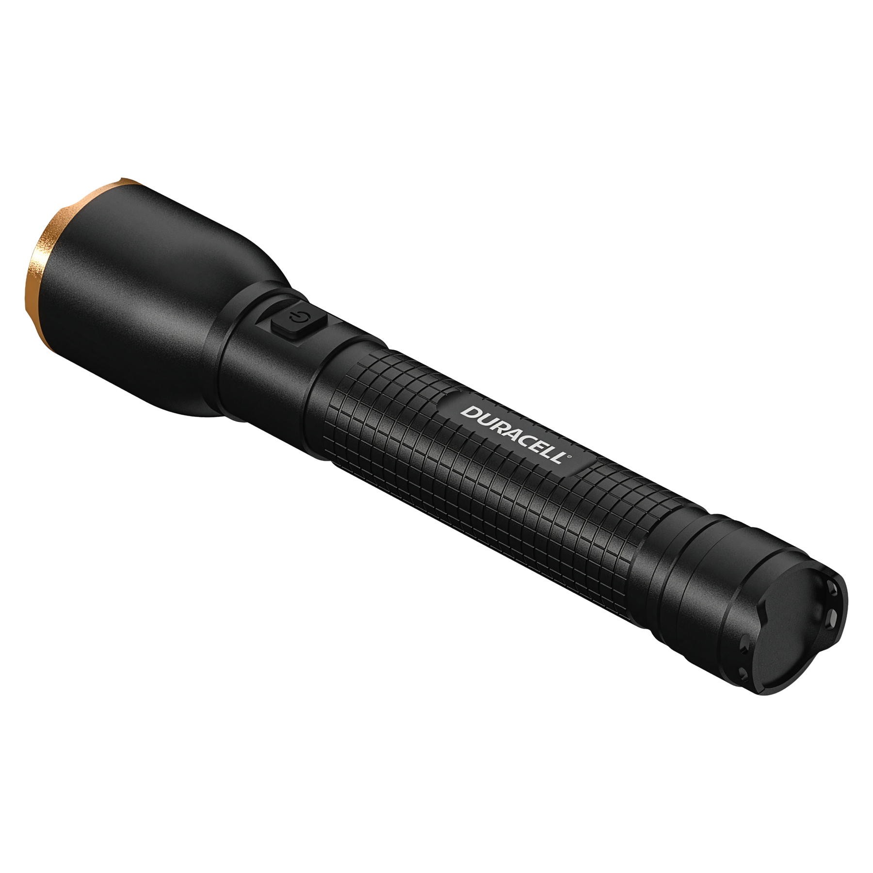 Schwarze Duracell Taschenlampe mit goldenem Ring und Power-Knopf.