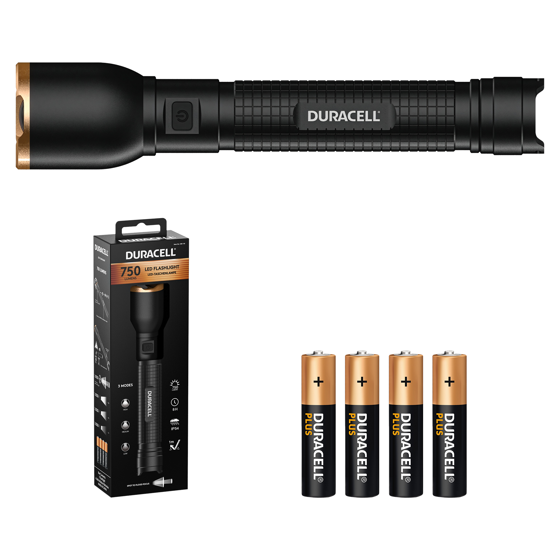 Ein schwarzer Duracell LED-Taschenlampe mit goldener Kappe und vier Batterien.