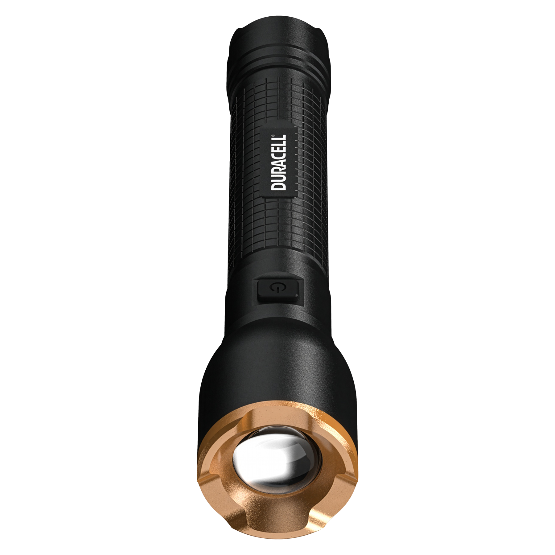 Schwarze Duracell-Taschenlampe mit kupferfarbenem Ring und Ein-/Aus-Taste.