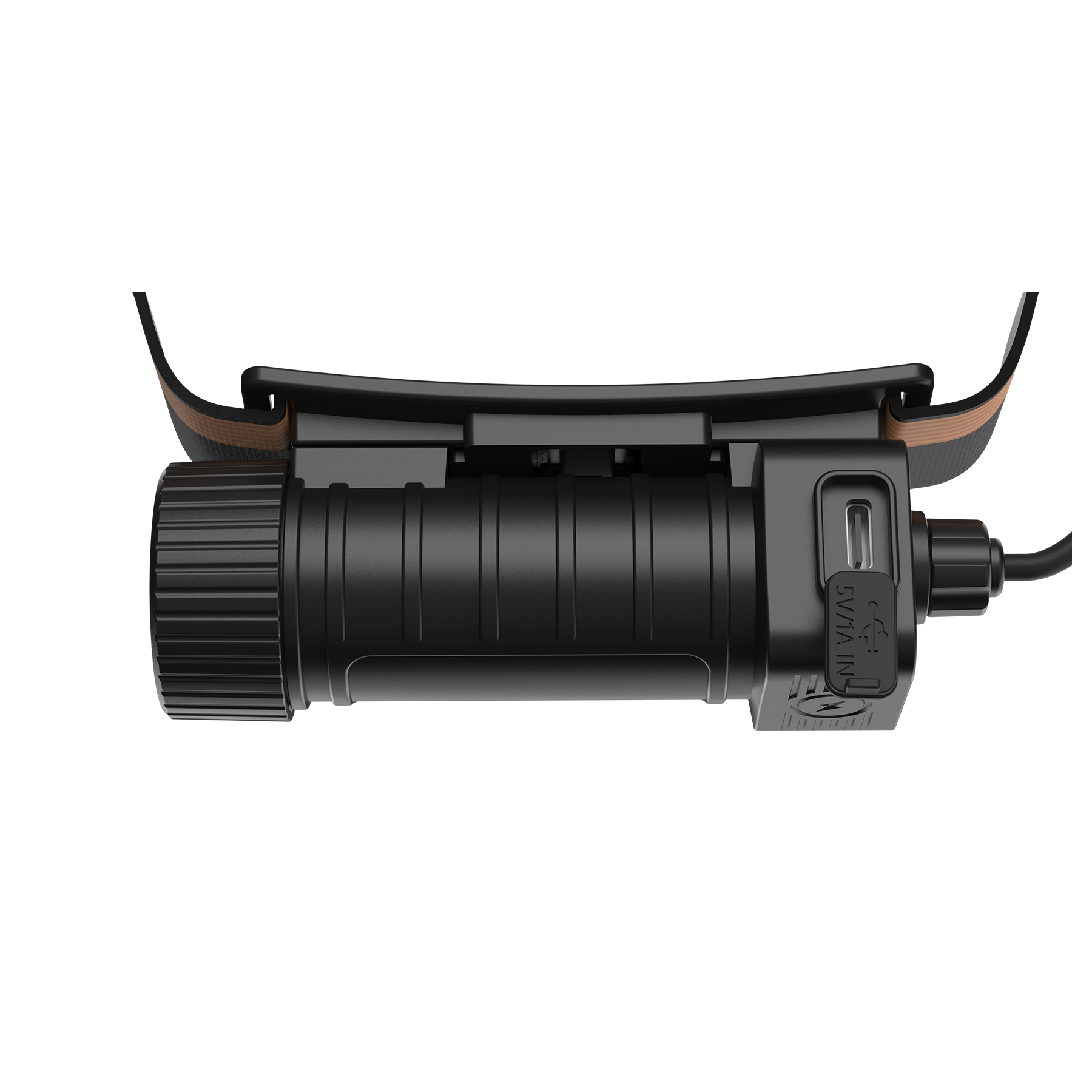 Schwarzes Stirnlampe-Gehäuse mit USB-Ladeanschluss und Rändelrad.
