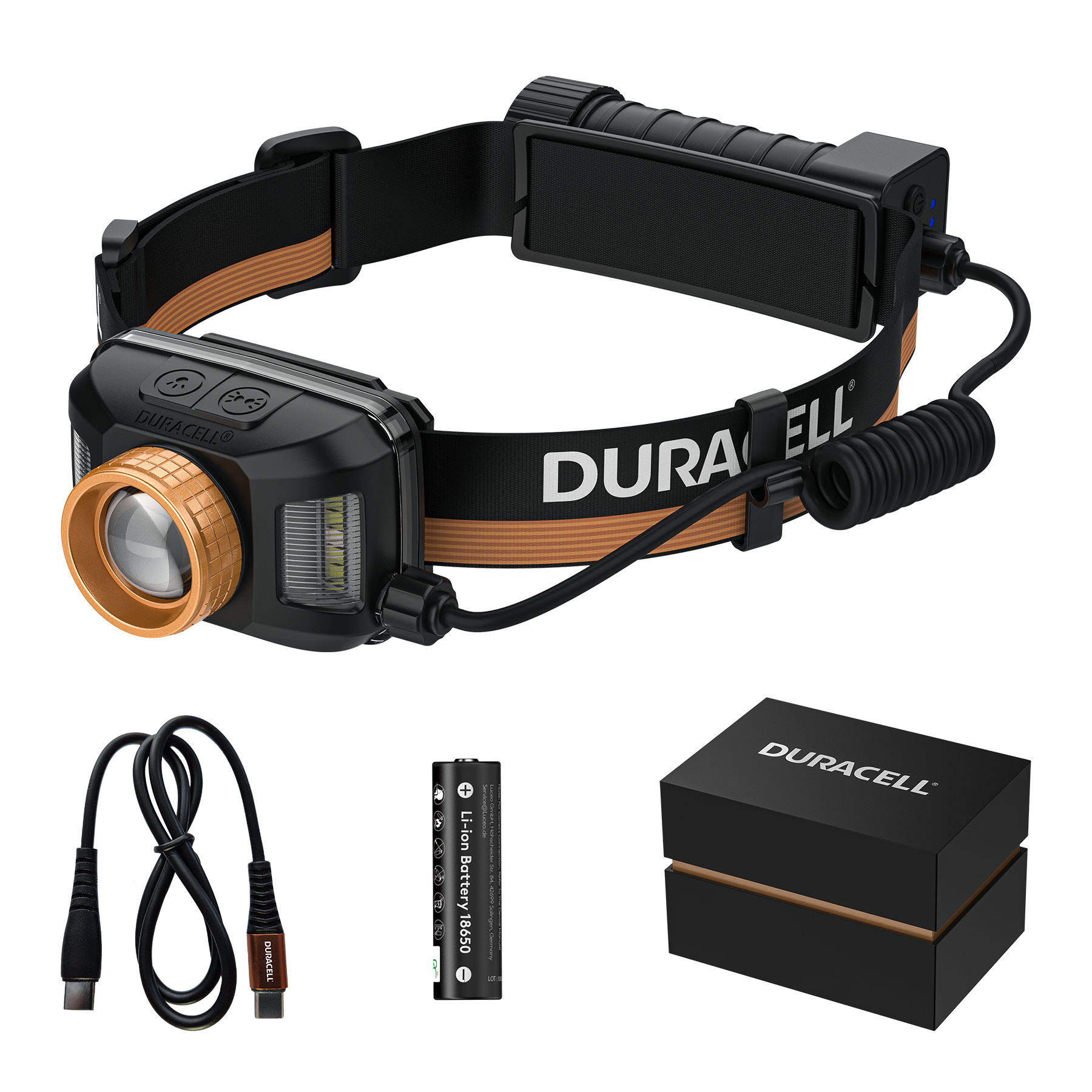 Duracell Stirnlampe mit Akku, USB-C-Kabel und schwarzer Geschenkbox.