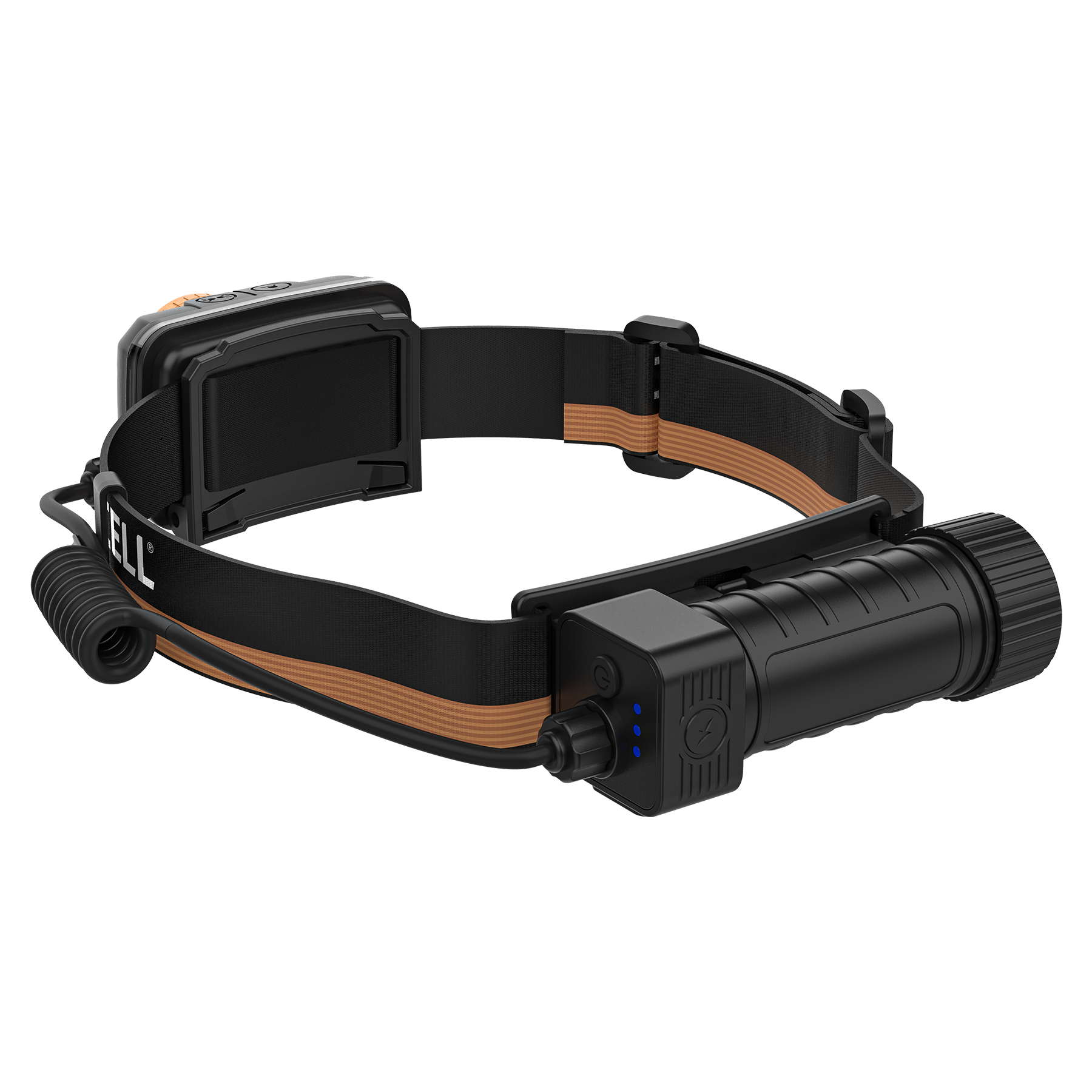 Schwarze Stirnlampe mit verstellbarem Band und Batteriefach.