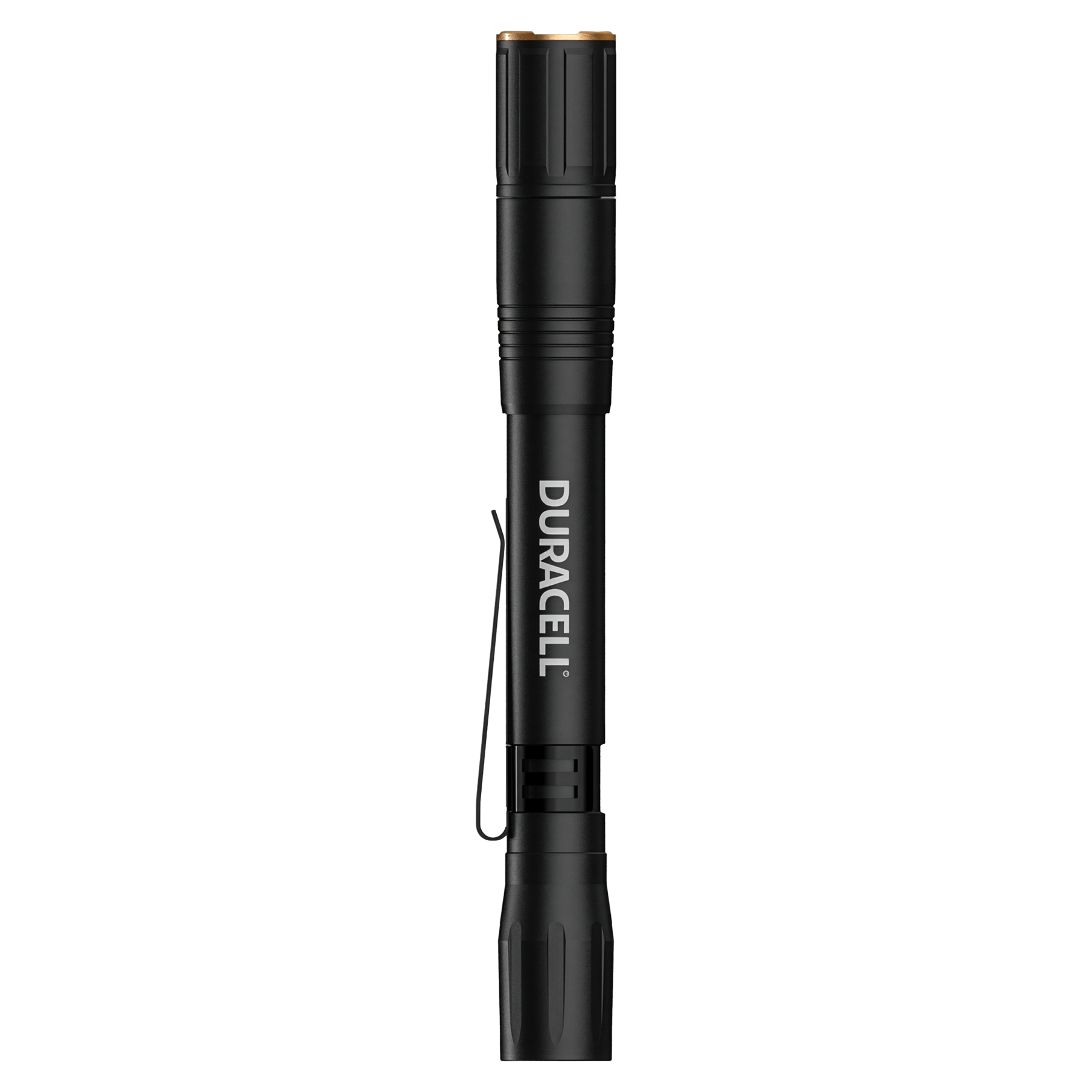 Schwarze Duracell Taschenlampe mit Clip und goldenem Ring am Kopf.
