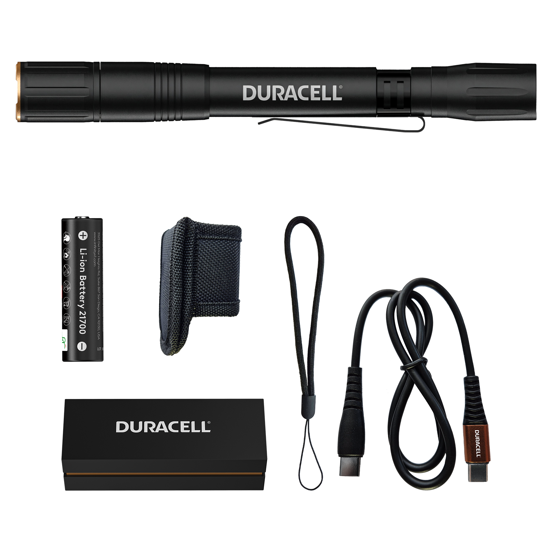 Ein schwarzer Duracell Taschenlampen-Kit mit Akku, Ladekabel, Holster und Box.