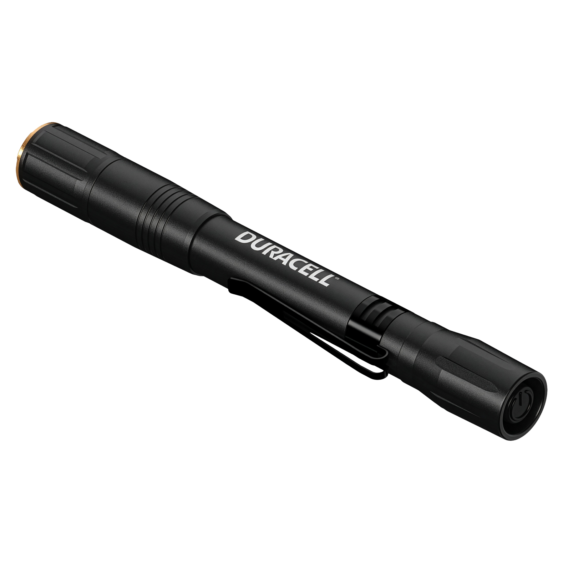 Schwarze Duracell-Taschenlampe mit Clip und goldener Spitze.