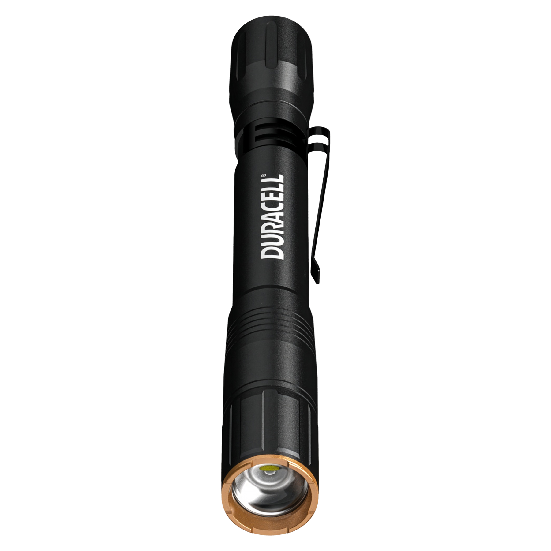 Schwarze Duracell-Taschenlampe mit Clip und kupferfarbenem Ring am Leuchtende.