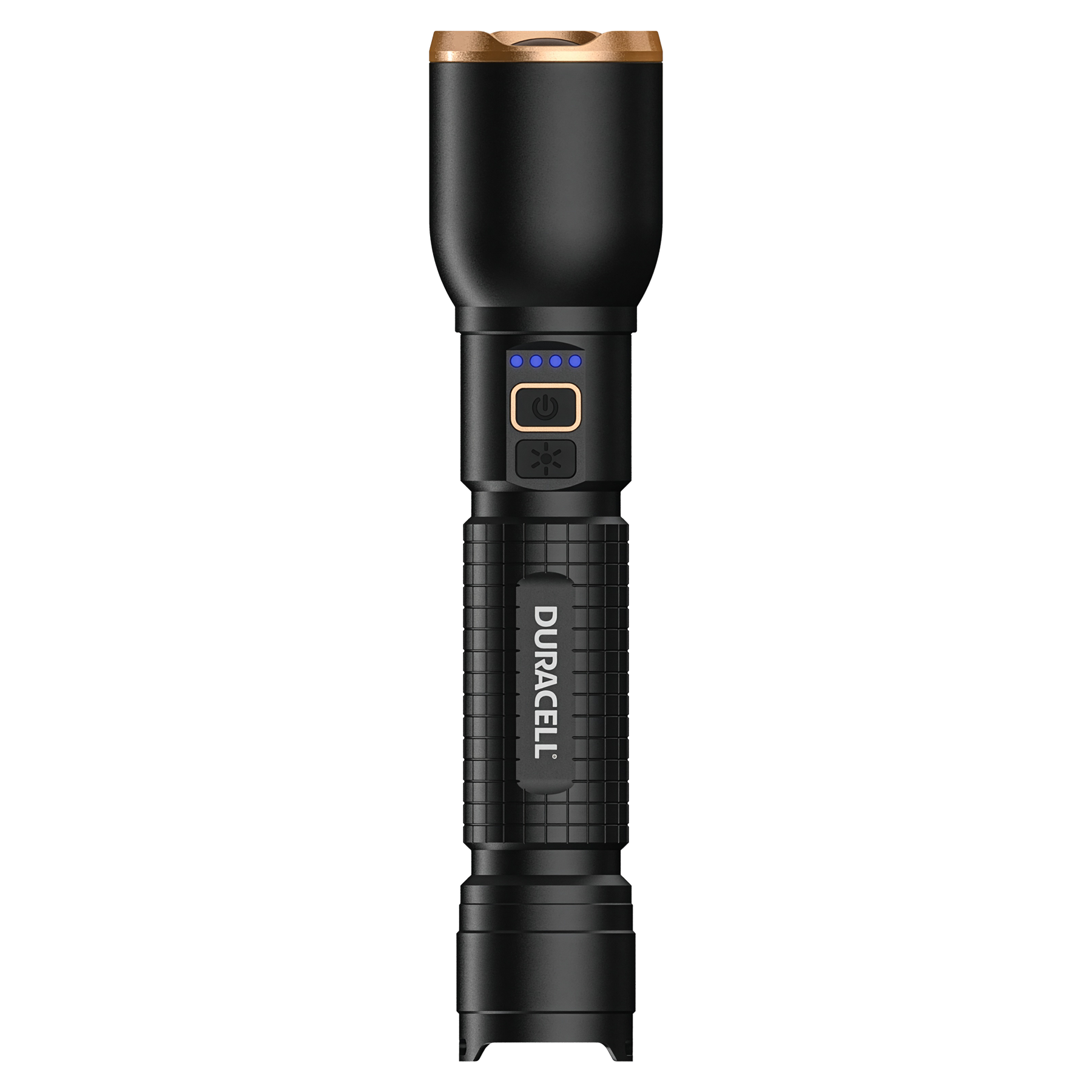 Schwarze Taschenlampe mit goldenem Ring und blauen Ladeanzeigen.