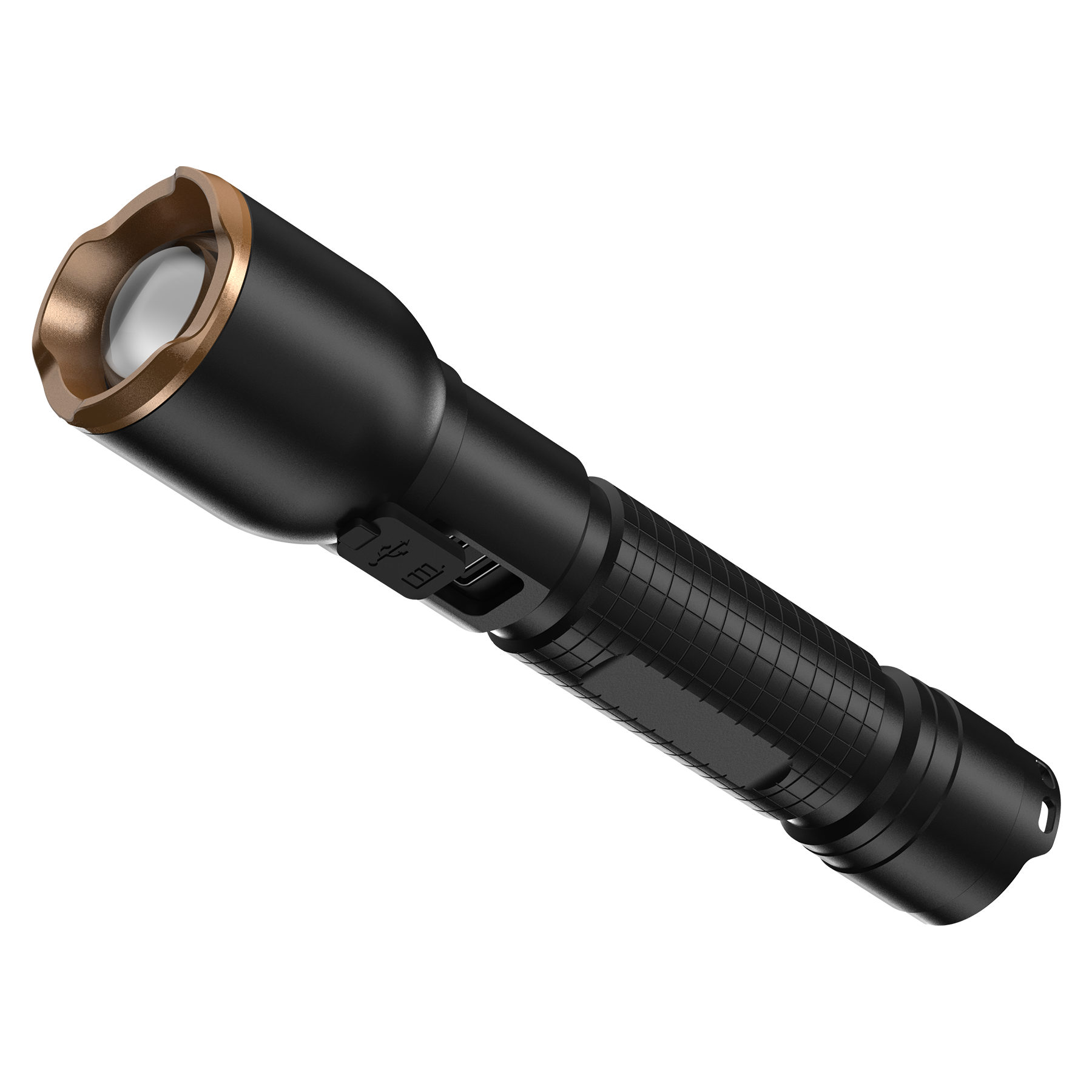 Schwarze Taschenlampe mit goldenem Ring um die Linse und USB-Anschluss.