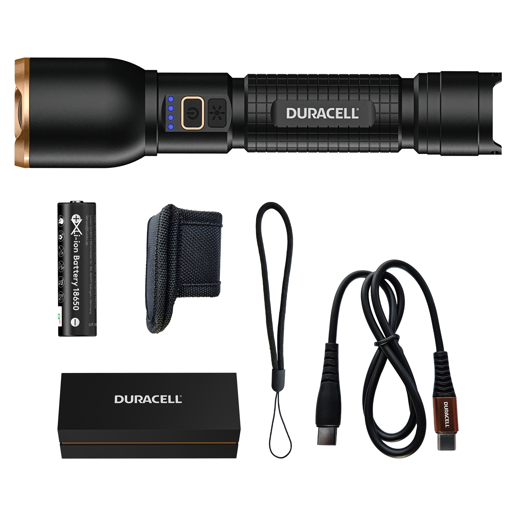 Schwarze Duracell Taschenlampe mit Zubehör: Batterie, Etui, Lanyard und USB-C-Kabel.