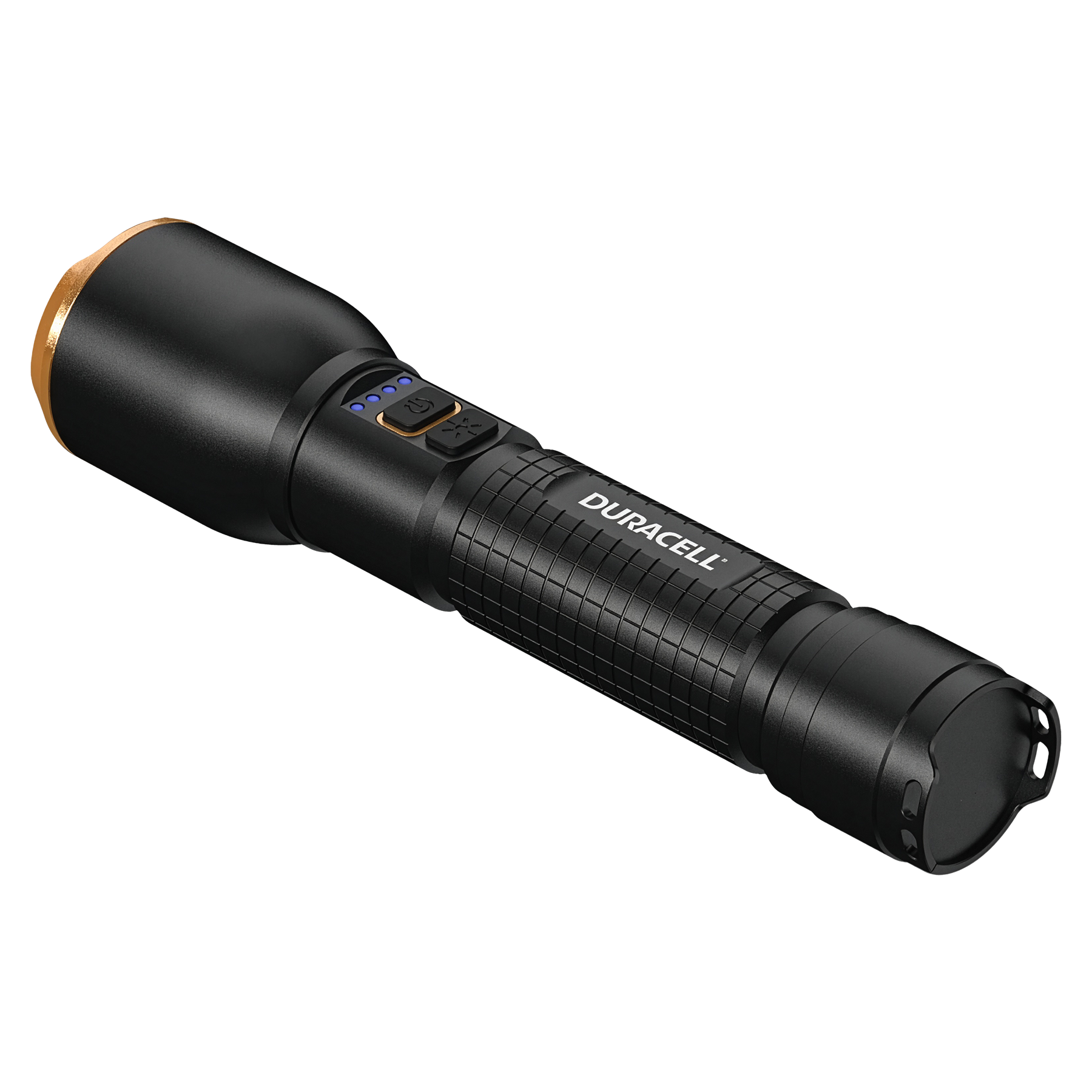 Schwarze Taschenlampe mit goldenem Ring, Power-Taste und blauen Ladeanzeigen.