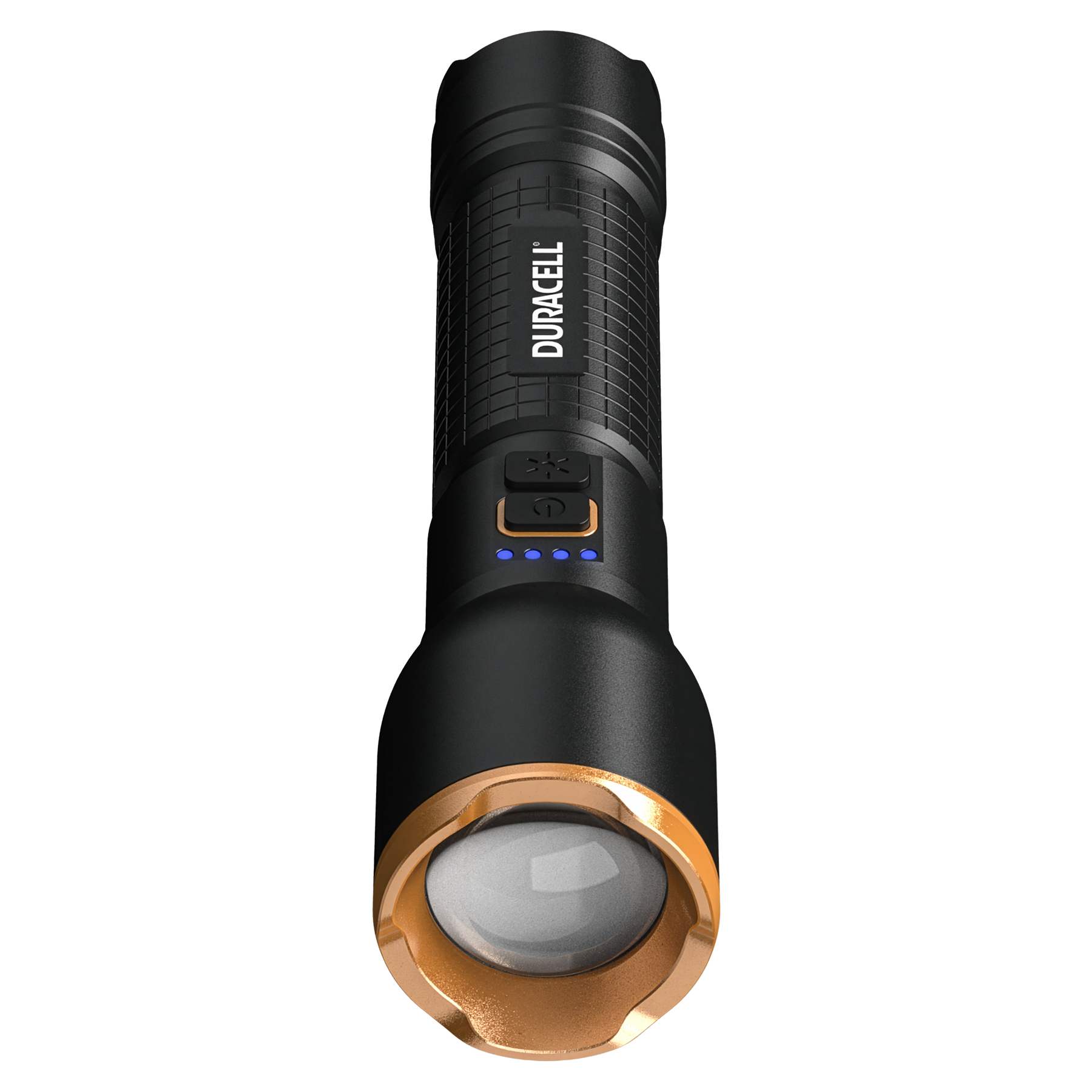 Schwarze Duracell Taschenlampe mit goldenem Ring um das Glas.