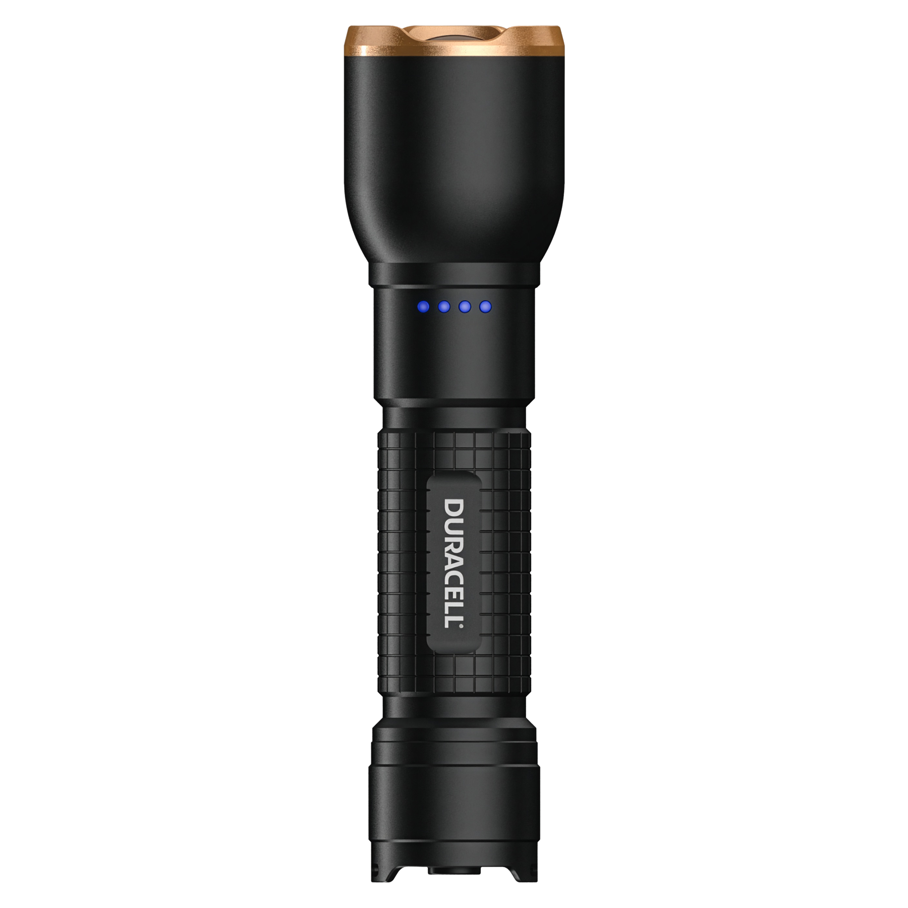 Schwarze Taschenlampe mit goldenem Ring oben und vier blauen Ladeanzeigen.