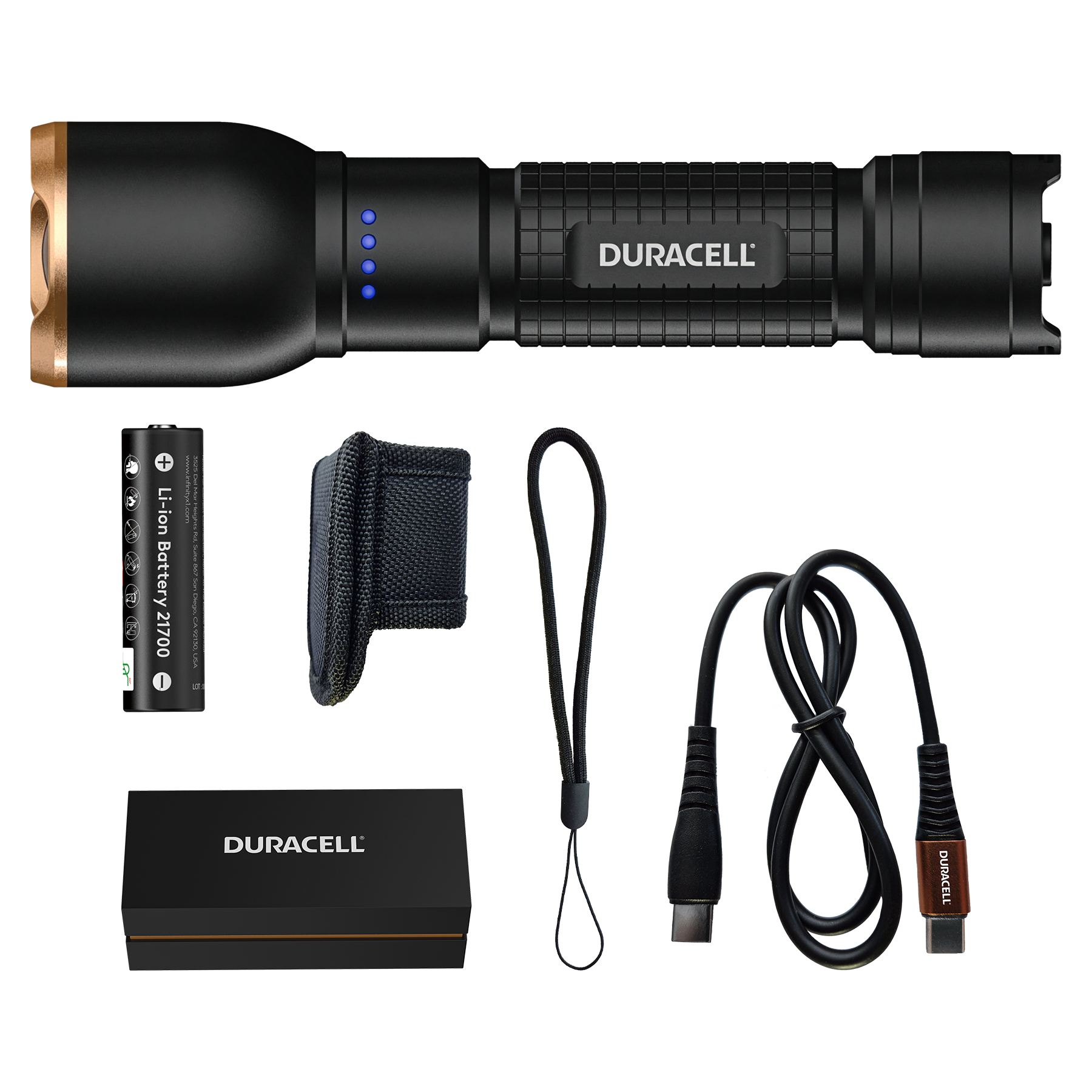 Ein schwarzer Duracell-Taschenlampen-Kit mit Batterie, Kabel, Holster und Box.