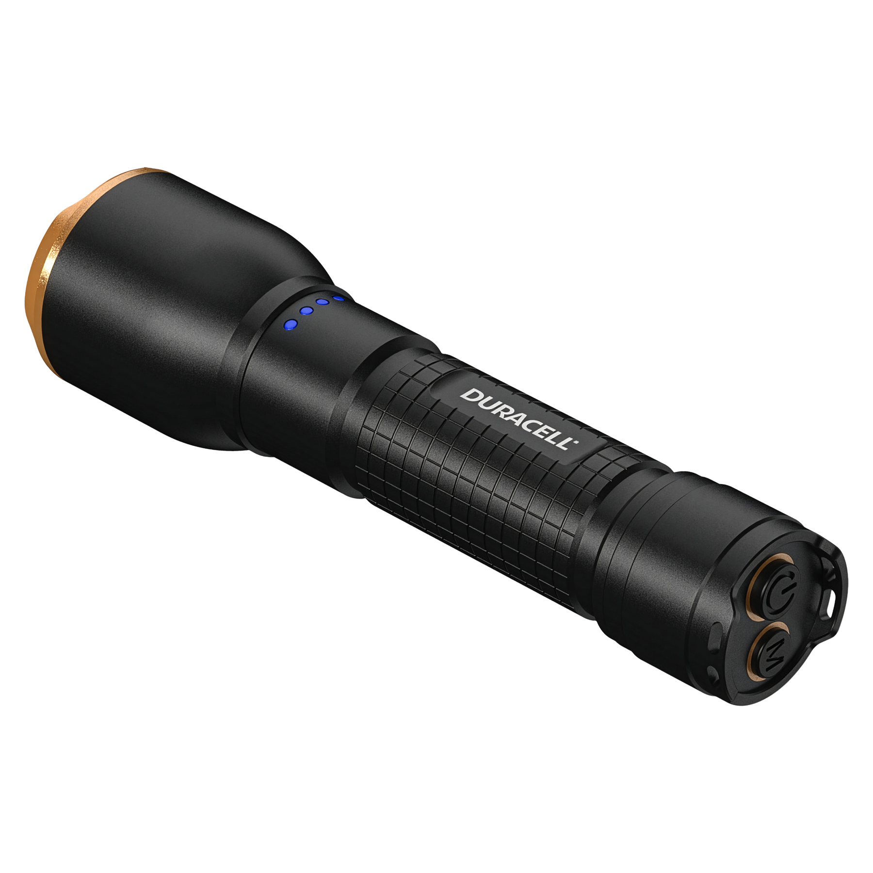 Schwarze Duracell Taschenlampe mit goldenem Ring, blauen Ladeanzeigen und zwei Knöpfen.