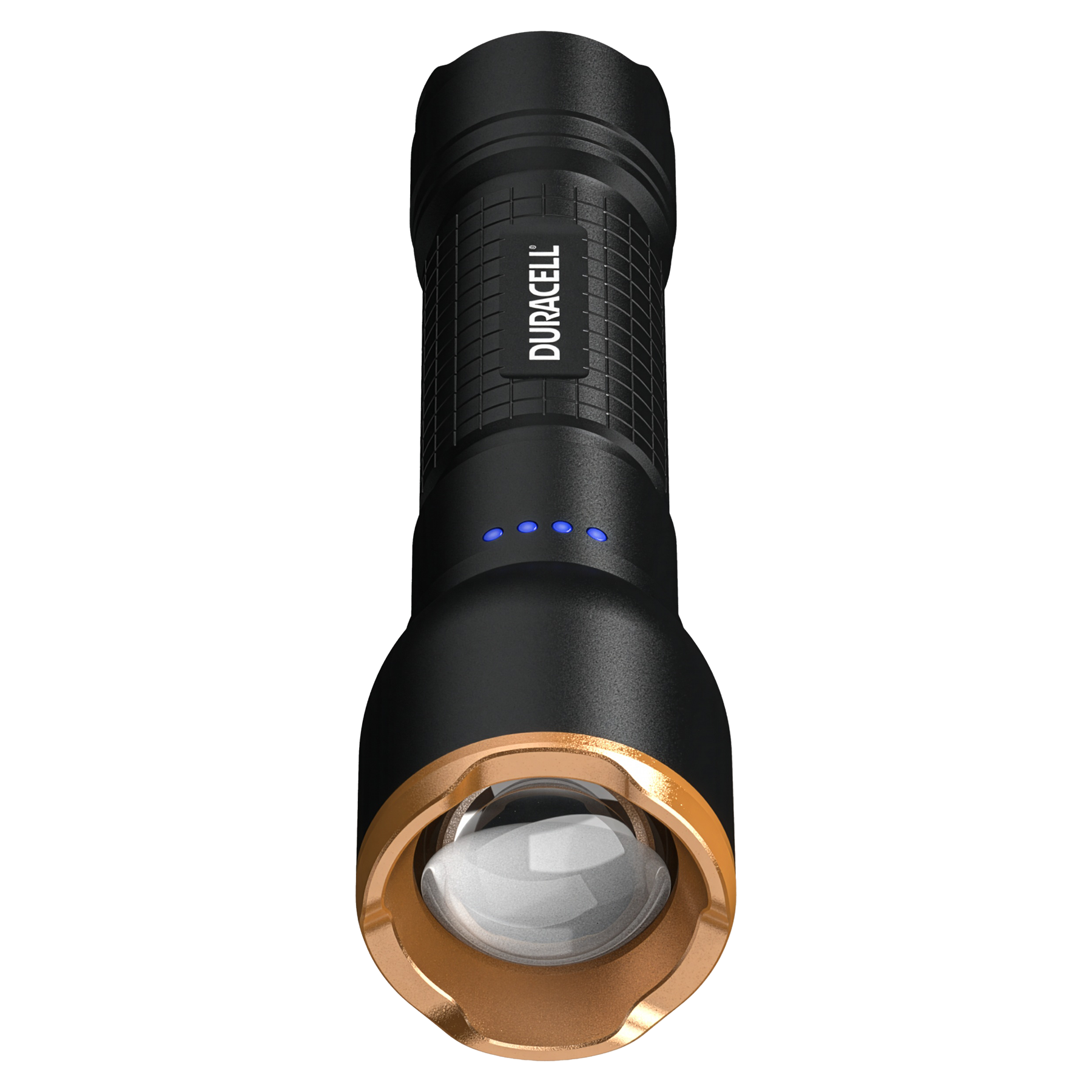 Schwarze Taschenlampe mit Duracell-Logo und blauen Ladeanzeigen.