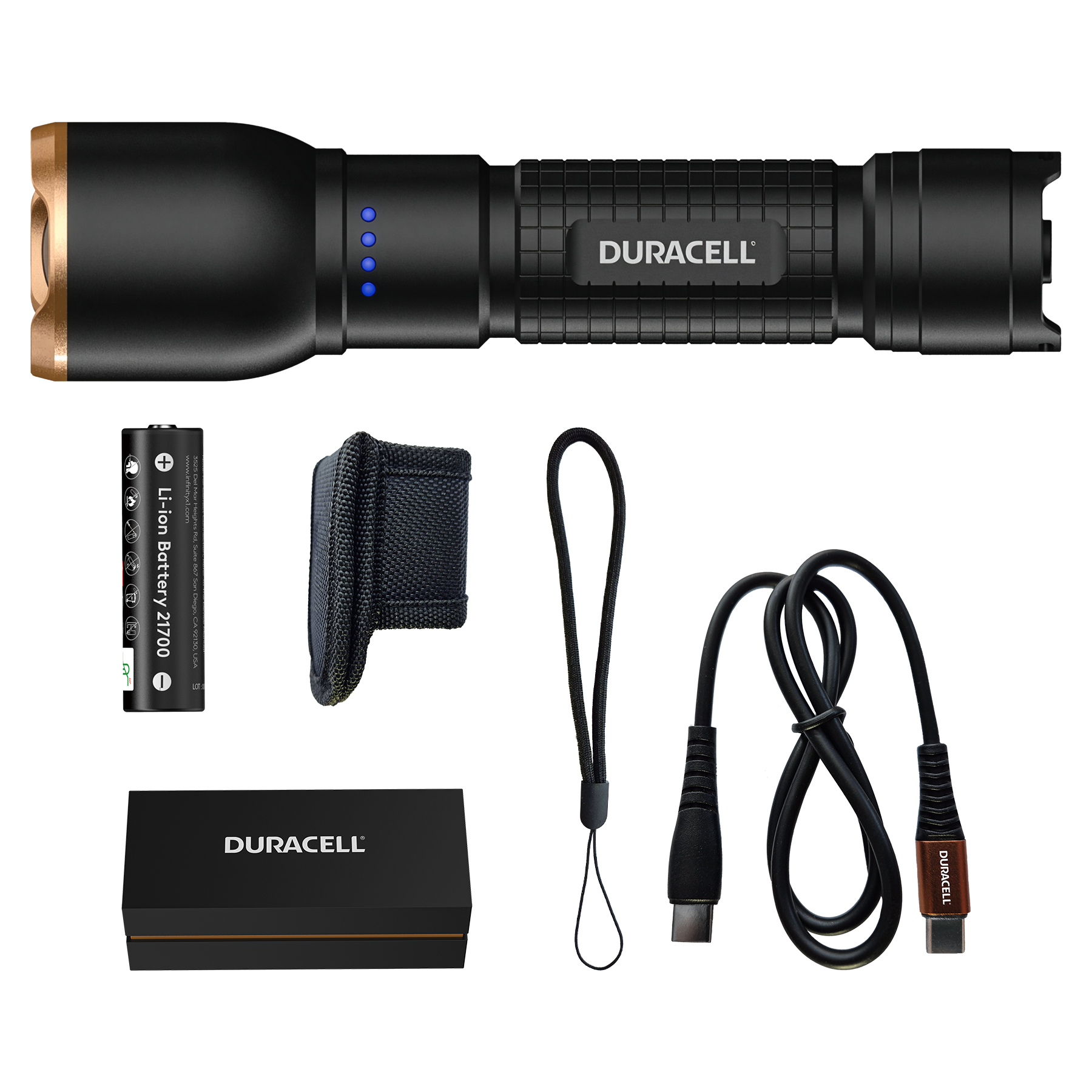 Schwarze Duracell-Taschenlampe mit Goldspitze, Batterie, Holster, Lanyard und USB-C-Kabel.