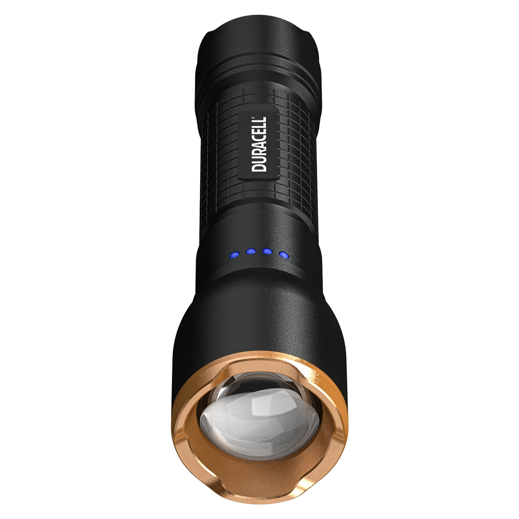 Schwarze Duracell-Taschenlampe mit goldenem Ring und vier blauen Ladeanzeigen.