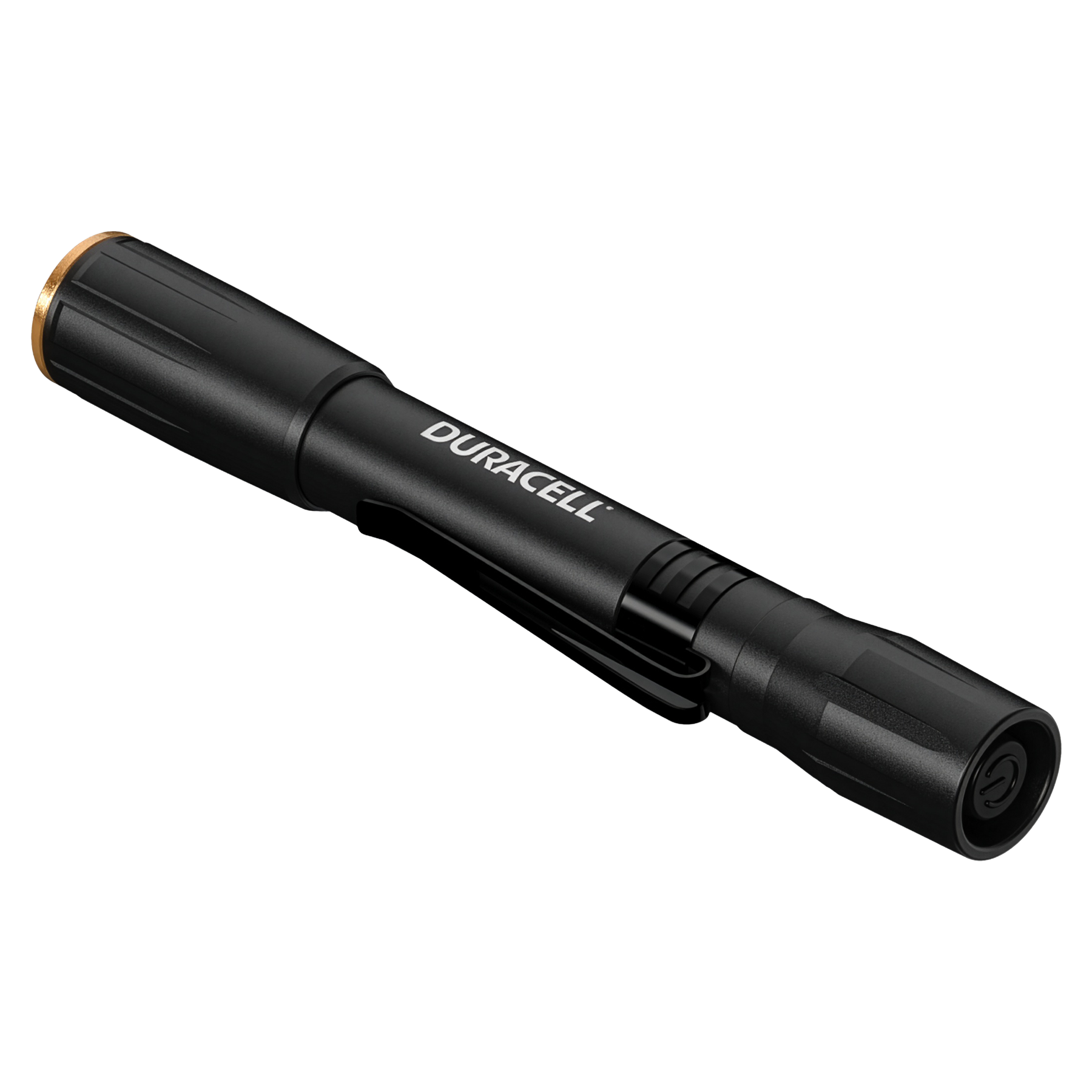Schwarze Duracell Taschenlampe mit goldenem Ring und Clip.