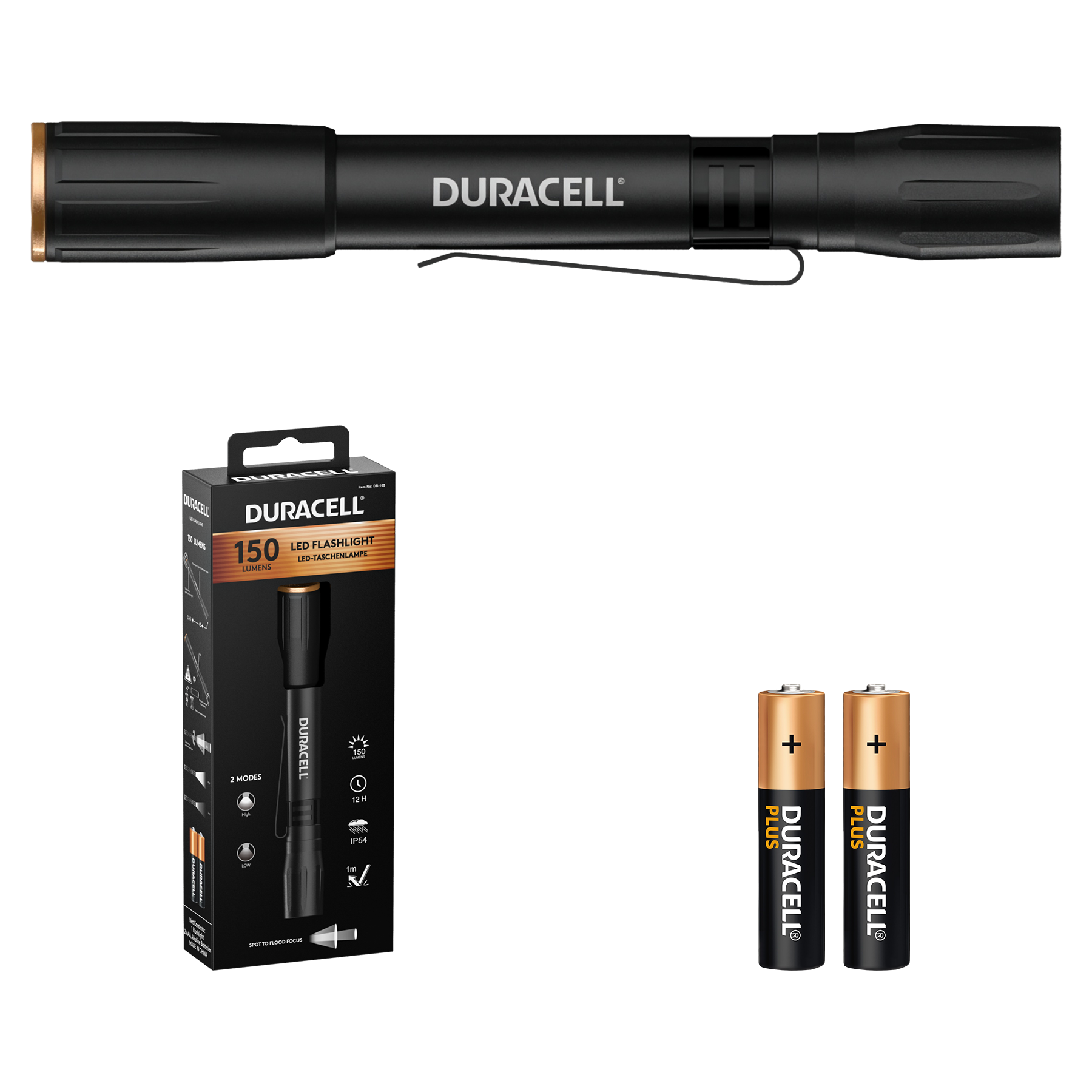 Schwarze Duracell LED-Taschenlampe mit Verpackung und zwei AA-Batterien.