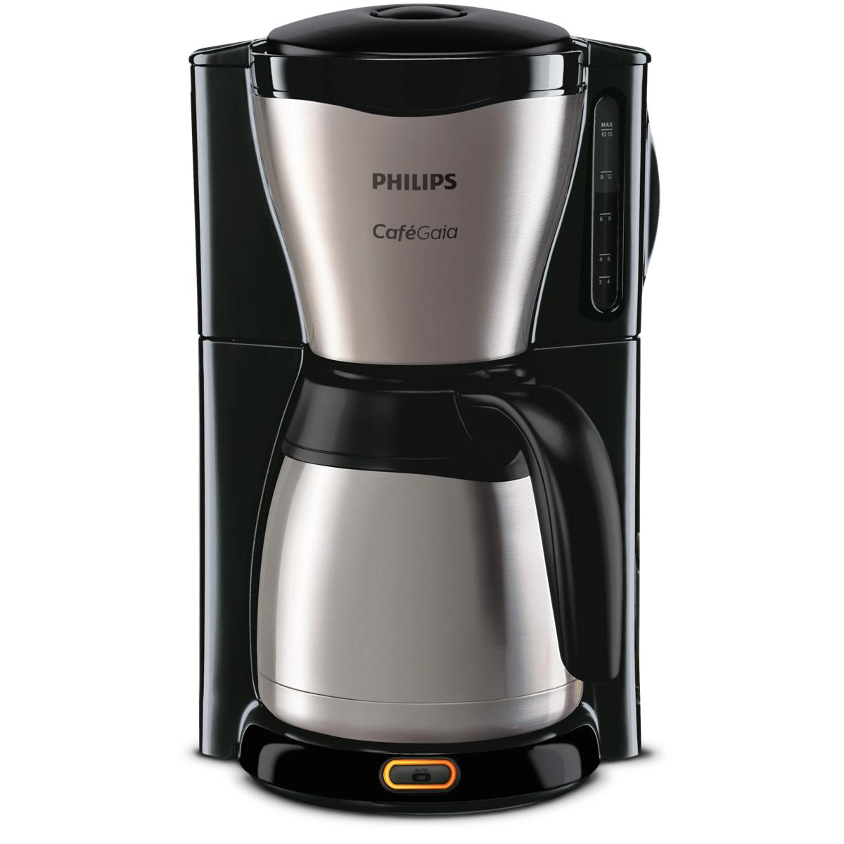 Macchina da caffè Philips nera con caraffa termica argentata.