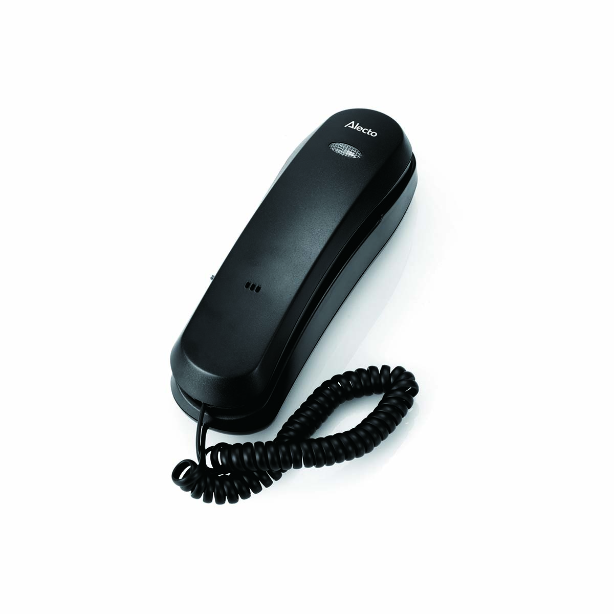 Ein schwarzes Schnurtelefon mit dem Markennamen Alecto liegt auf weißem Grund.