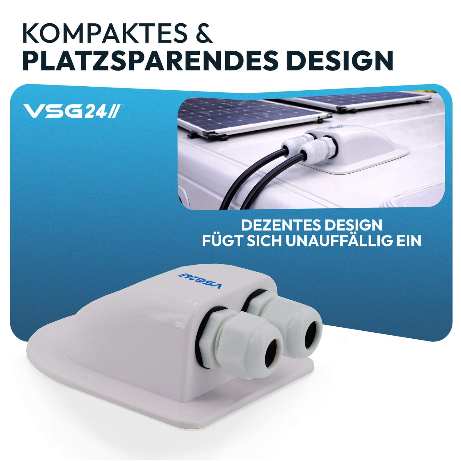Weißer Kabeldurchführungskasten mit zwei Kabeln, montiert auf einem weißen Dach mit Solarmodulen.