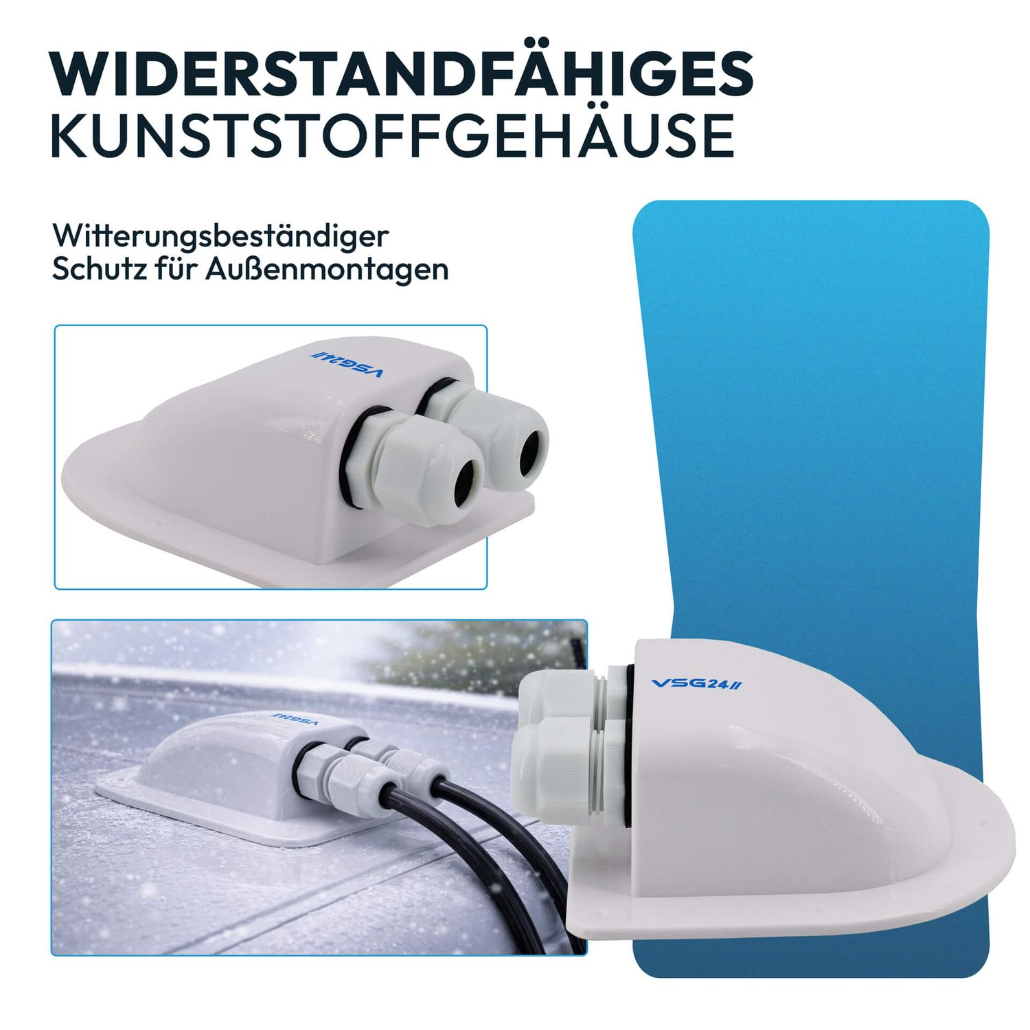 Weißes Kunststoffgehäuse mit Kabeldurchführungen, für Außenmontage.