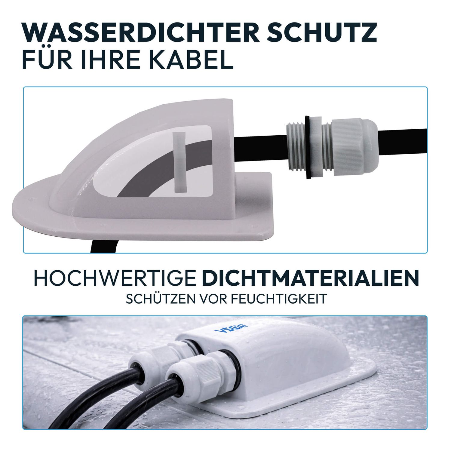 Wasserdichte Kabeldurchführung mit zwei schwarzen Kabeln, die in eine weiße Einheit auf nasser Oberfläche münden.