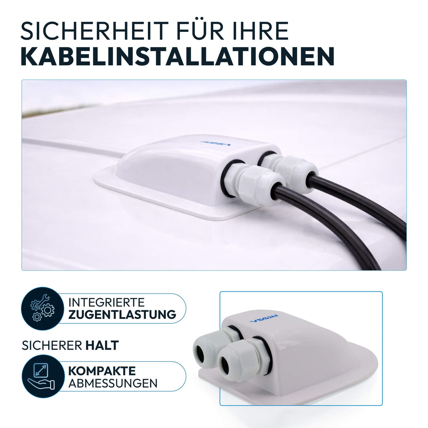 Weiße Kabeldurchführung mit zwei schwarzen Kabeln auf weißem Untergrund.