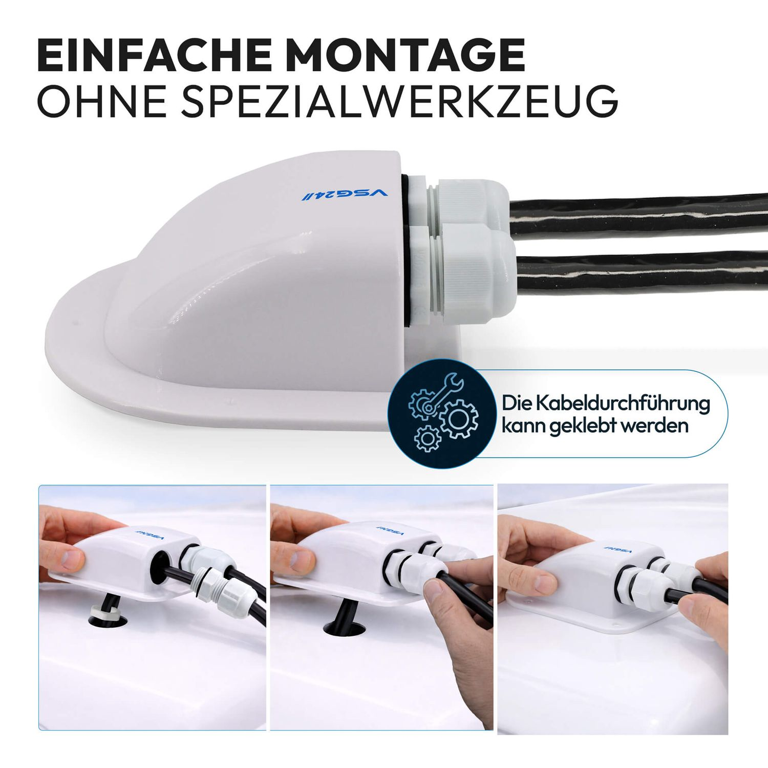 Weiße Kabeldurchführung mit zwei schwarzen Kabeln, einfache Montage.