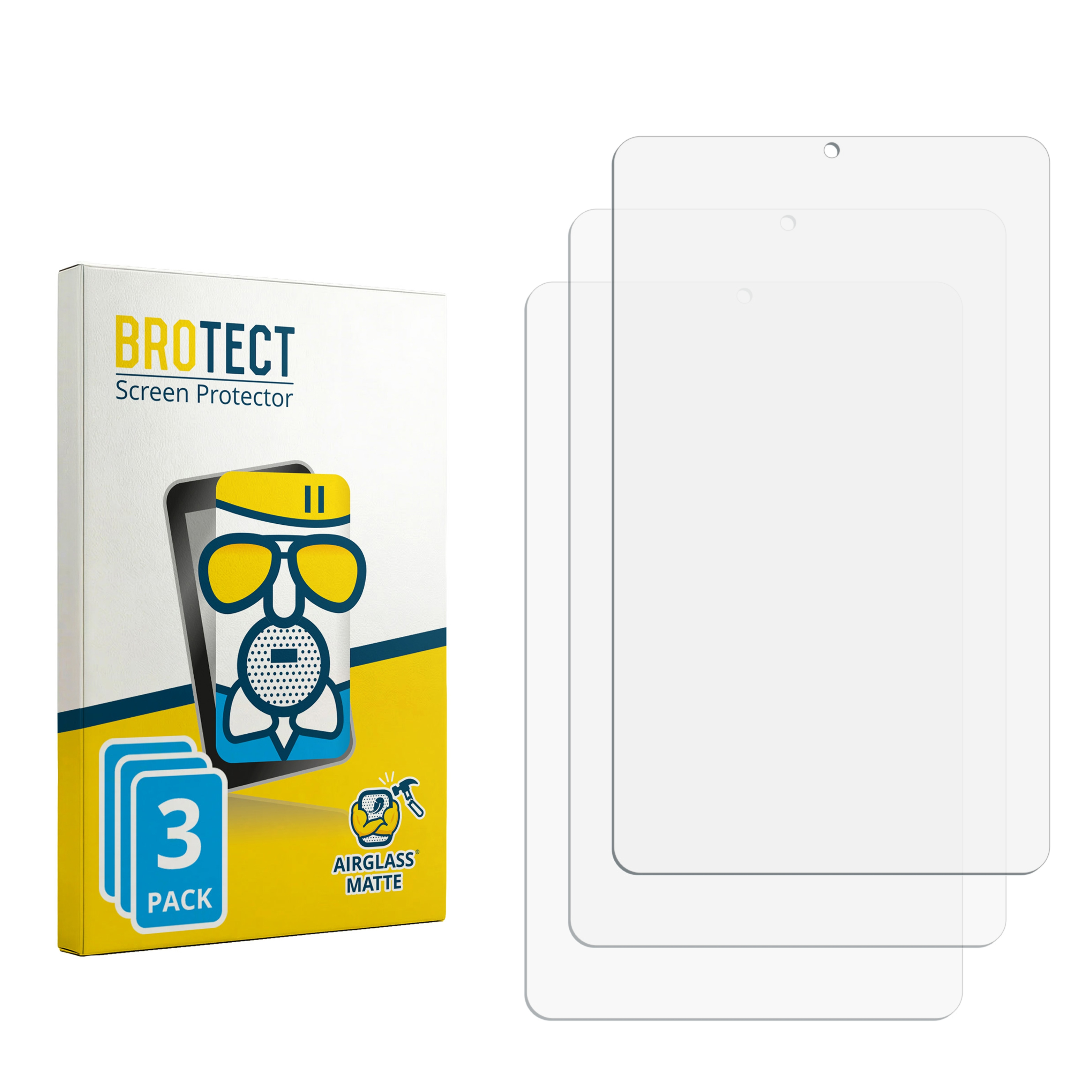 Packung BROTECT Displayschutzfolien mit drei Stück und zwei einzelnen Folien daneben.