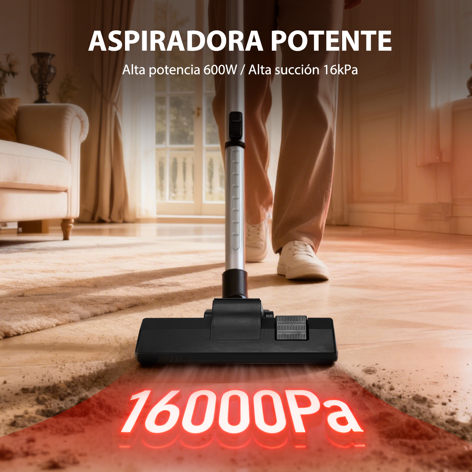 Una aspiradora succiona suciedad de la alfombra. Texto: 16000 Pa.