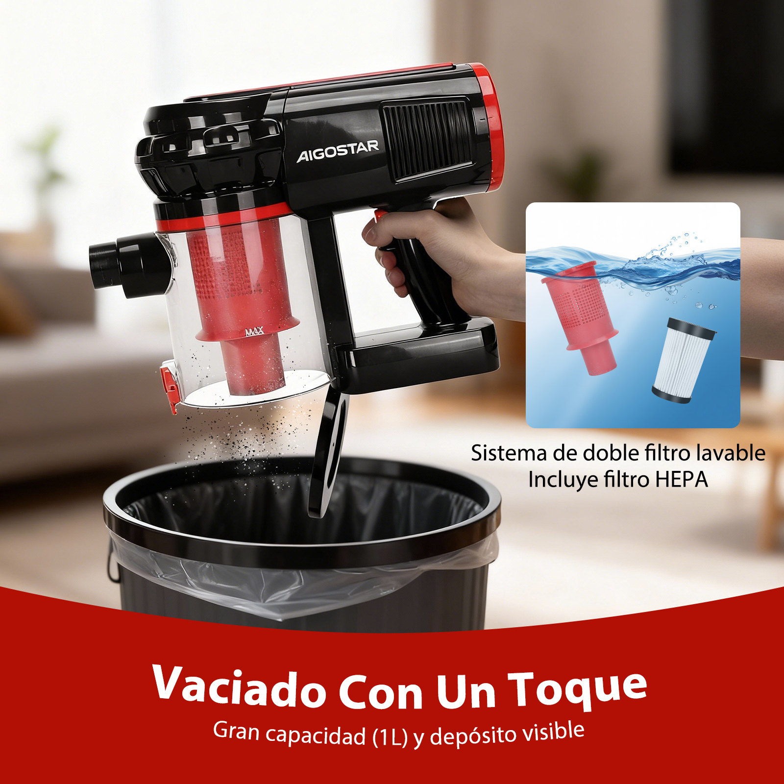 Aspiradora negra y roja vaciando polvo en cubo. Se muestra filtro lavable.