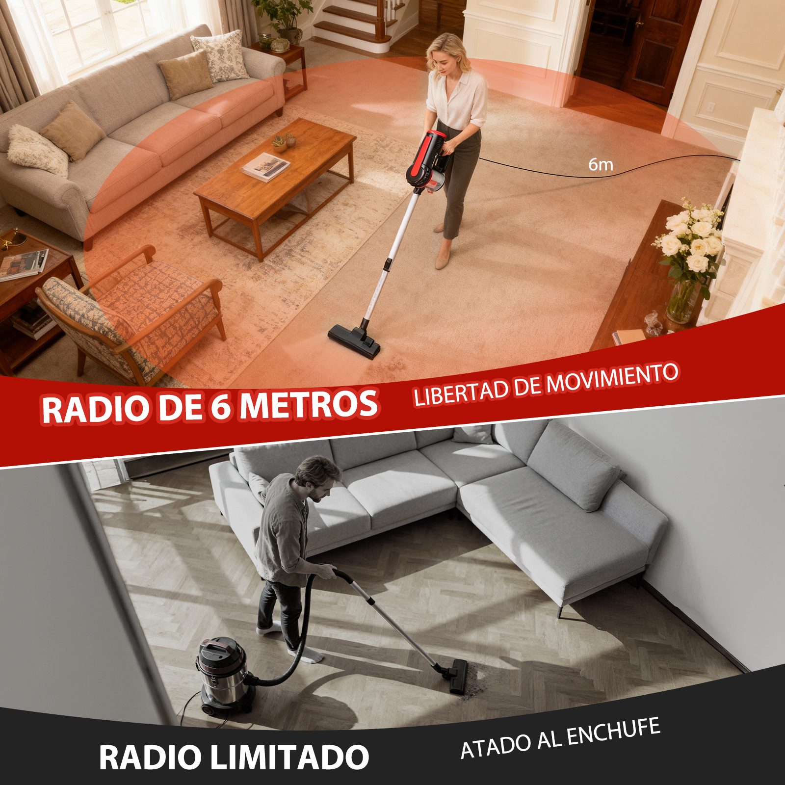Mujer aspira con inalámbrico, hombre con cable. Muestra libertad inalámbrica vs límite.