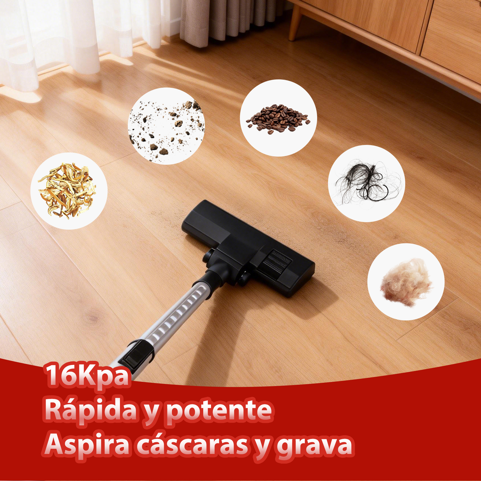 Cabezal de aspiradora en suelo de madera con granos de café, pelo, tierra y cáscaras.