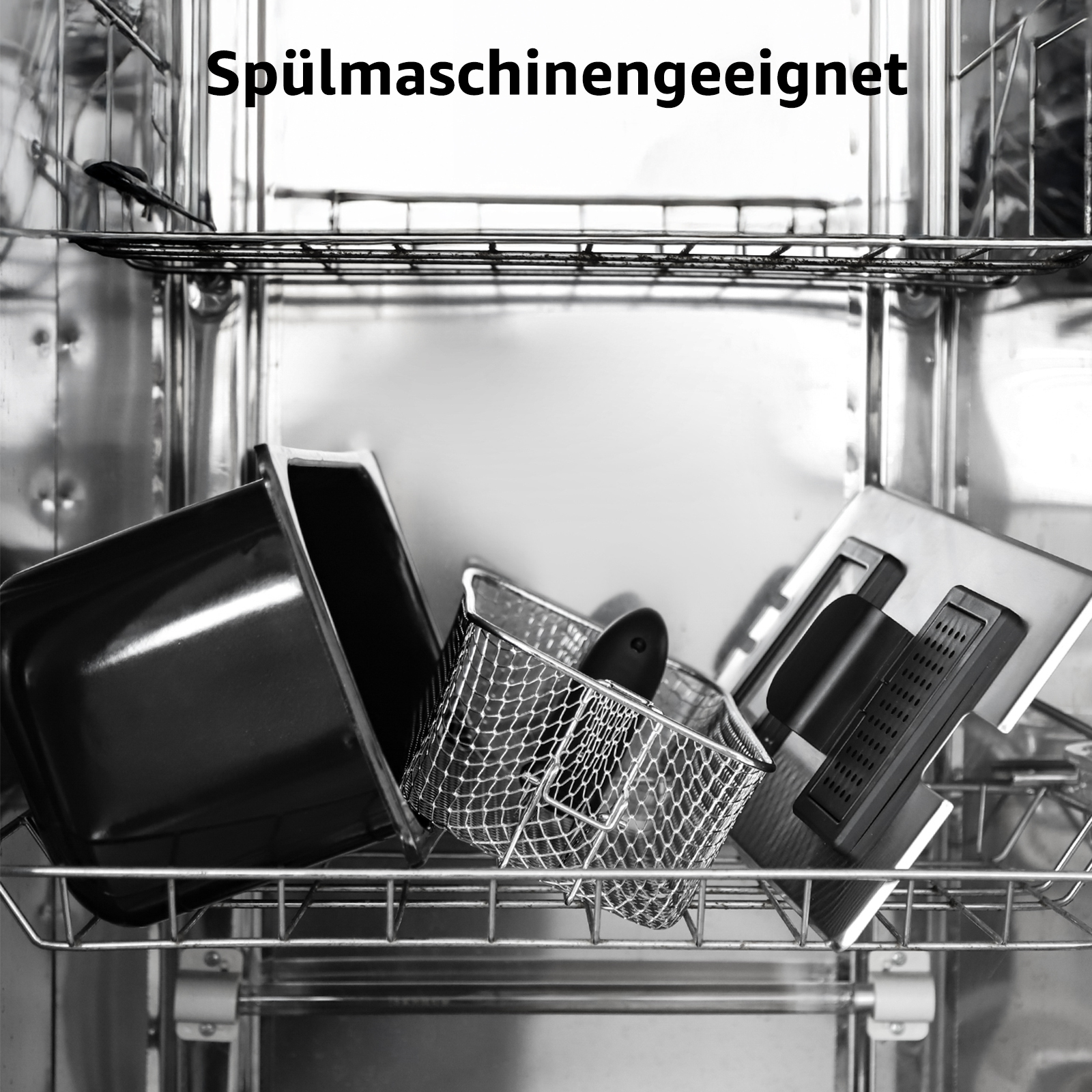 Spülmaschinenfester schwarzer Behälter, Metallkorb und ein Griff in einem Geschirrspüler.