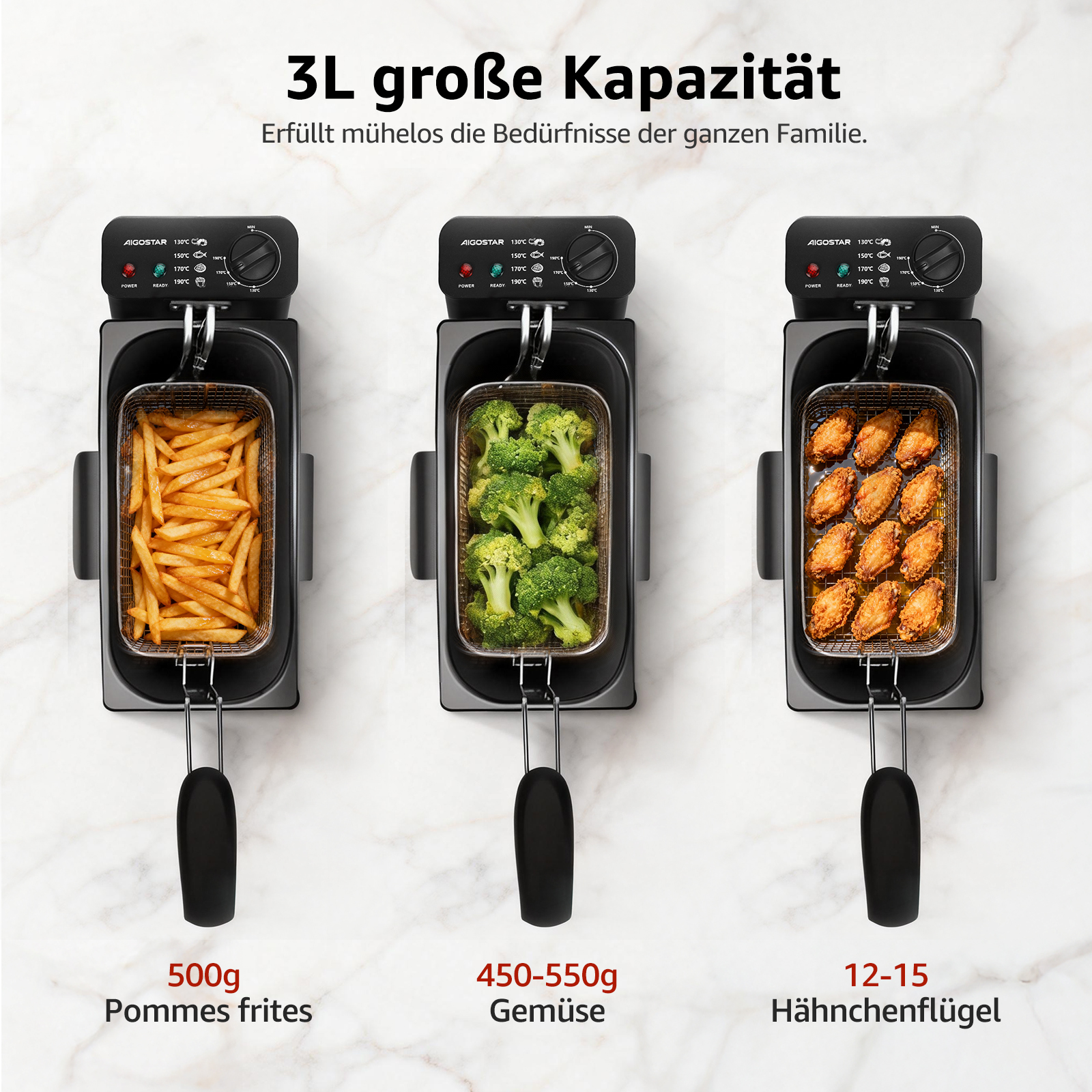 Drei Fritteusen: eine mit Pommes, eine mit Brokkoli, eine mit Hähnchenflügeln.