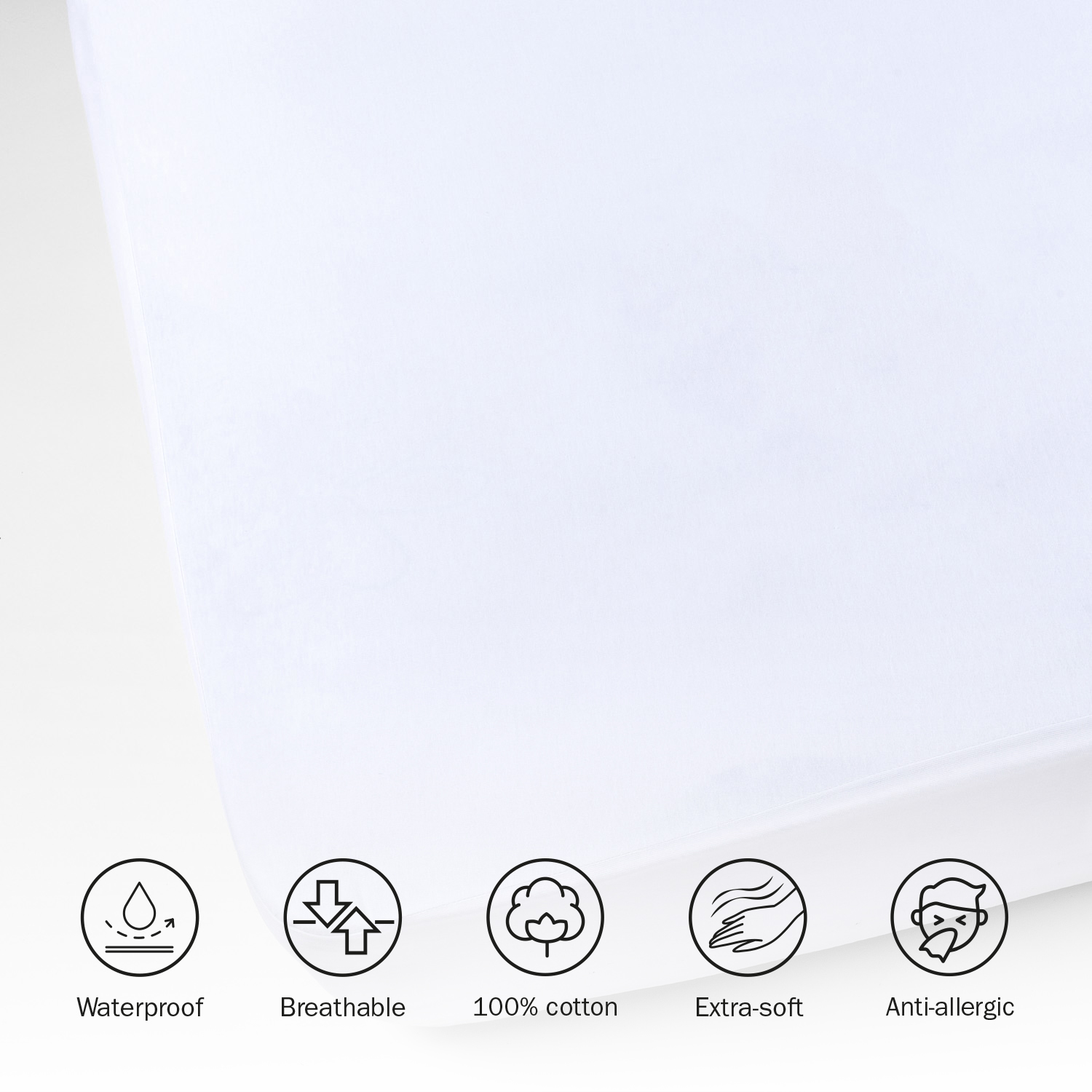 Muestra de tela blanca con iconos: impermeable, transpirable, 100% algodón, extrasuave, antialérgico.