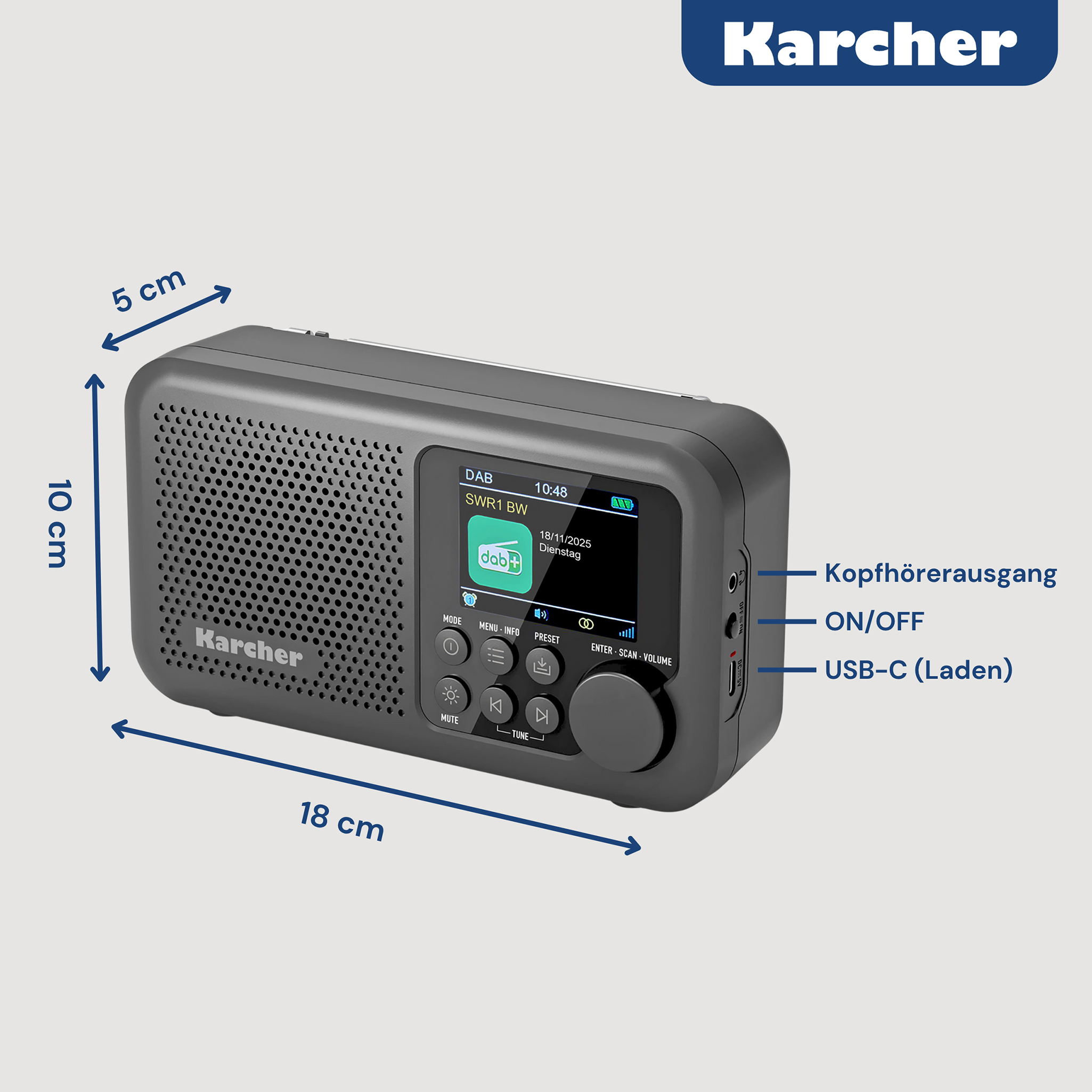 Grauer Kärcher DAB-Radio mit Display, Tasten und Maßen 18x10x5cm.