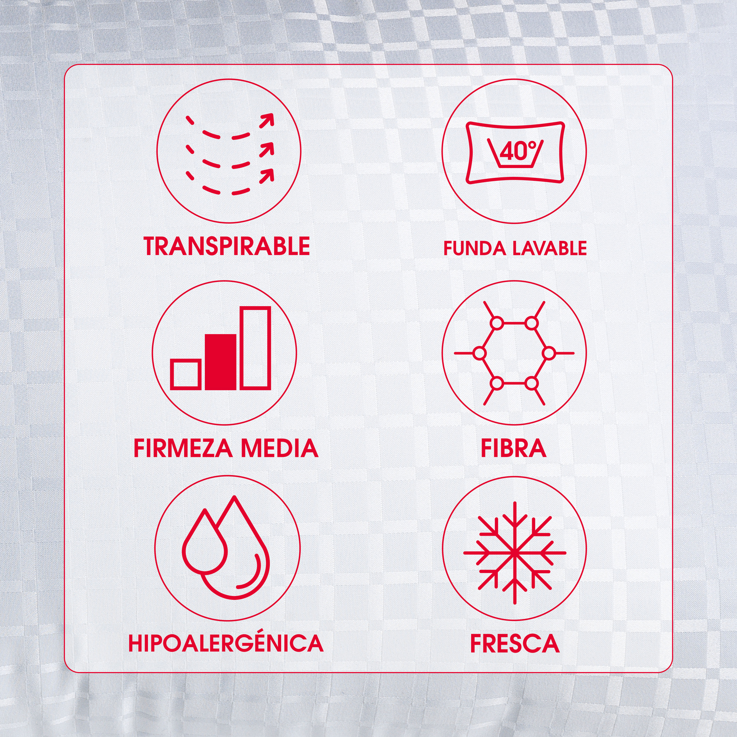 Seis iconos: Transpirable, Funda lavable, Firmeza media, Fibra, Hipoalergénica, Fresca.