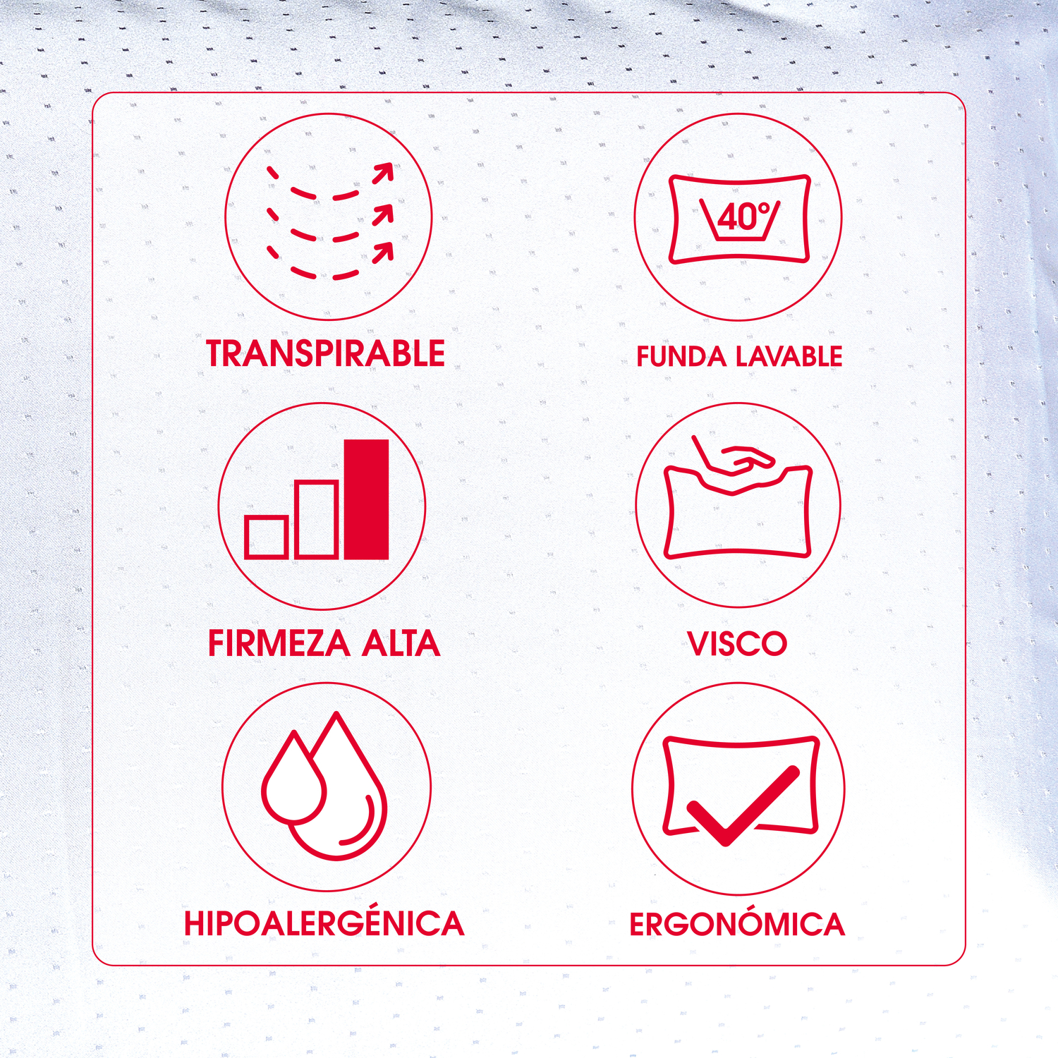 Iconos de transpirable, funda lavable, alta firmeza, viscoelástico, hipoalergénico, ergonómico.