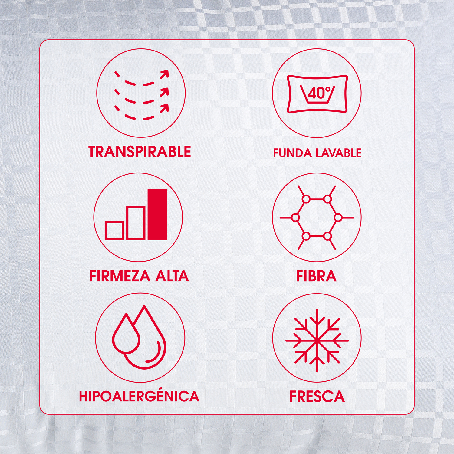 Iconos muestran transpirable, lavado 40°C, firmeza, fibra, hipoalergénico, fresco.