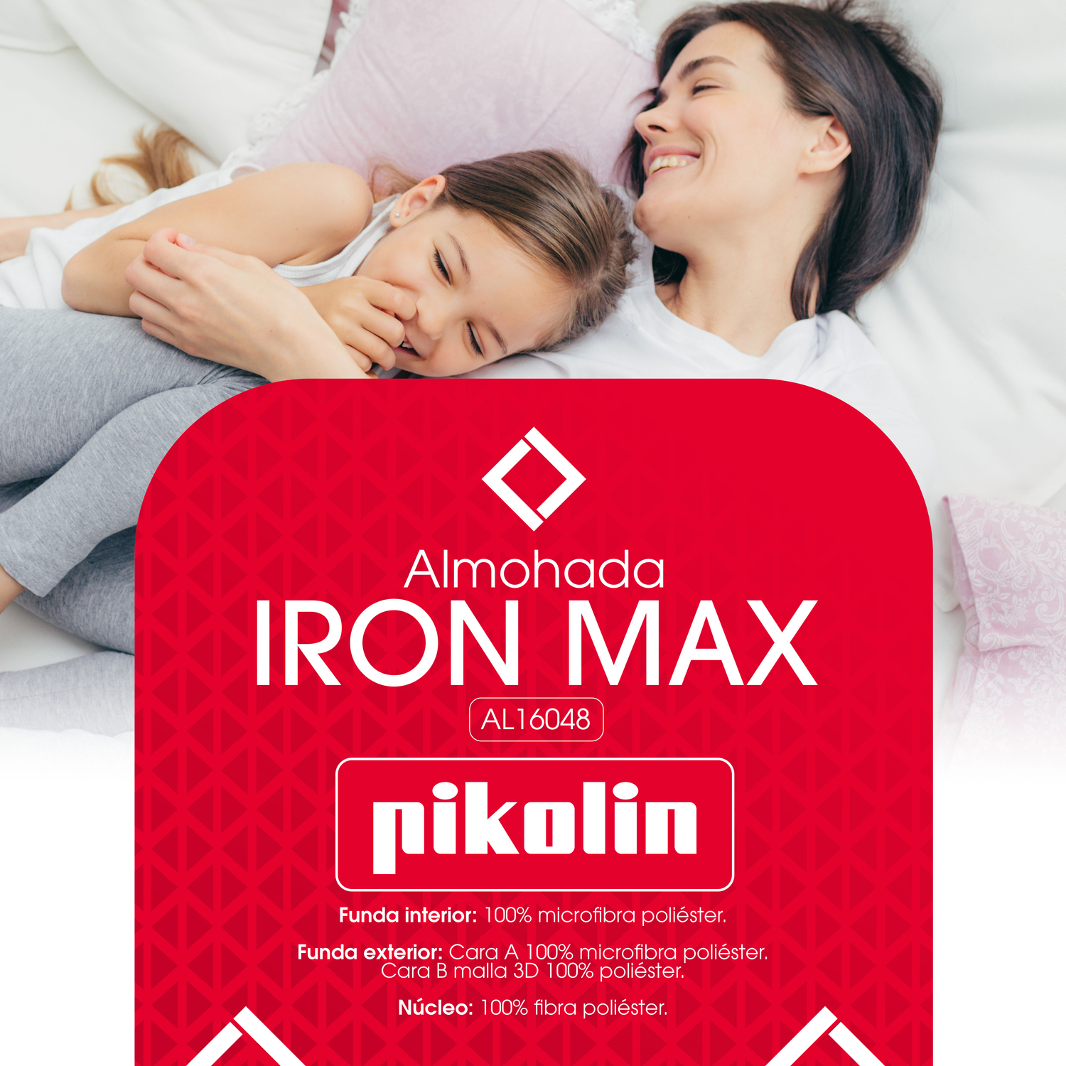 Mujer y niña riendo en la cama, con información del producto.